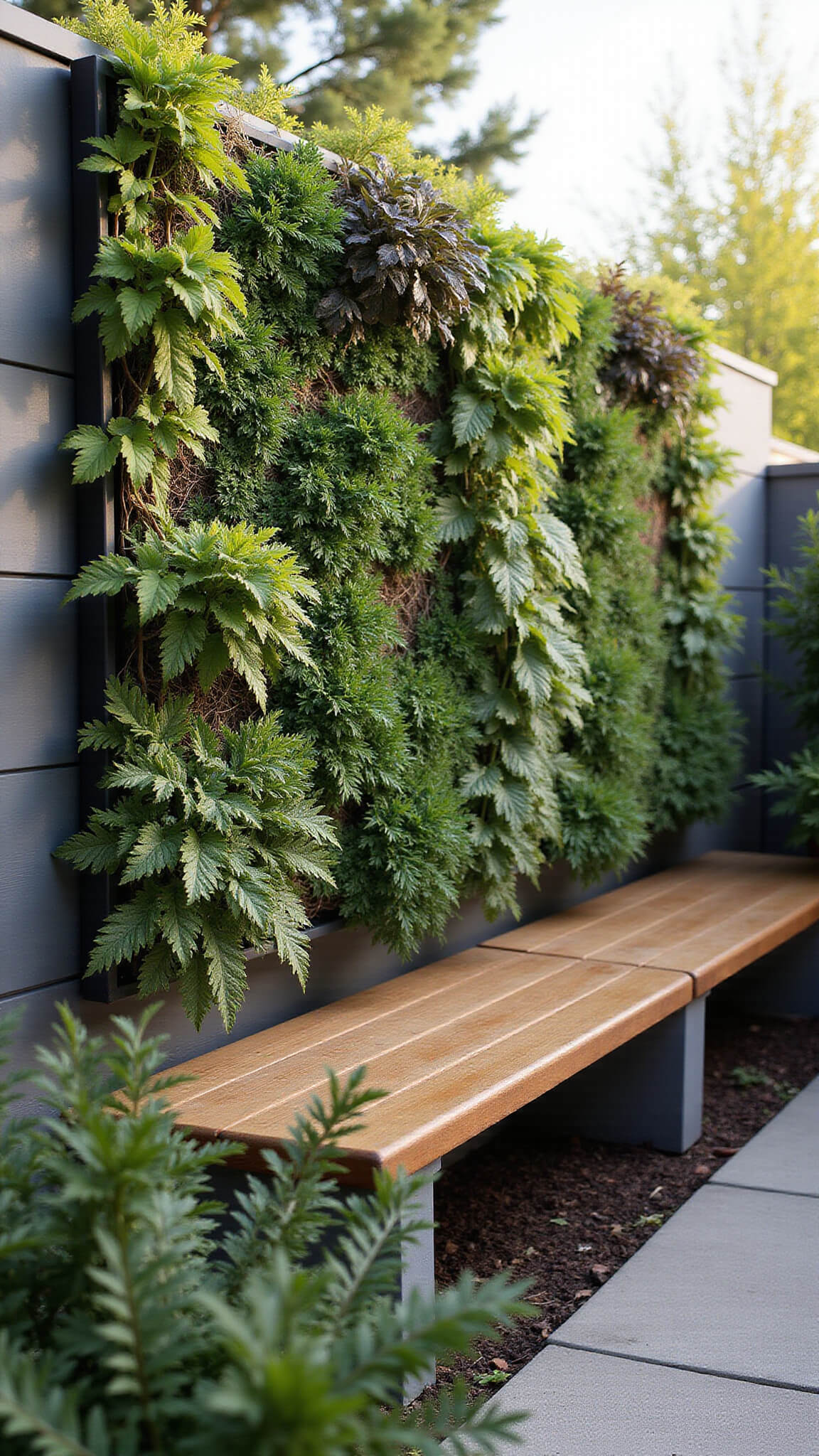 Vertical garden privacy wall with lush ferns, trailing vines, and flowering perennials on composite fence, integrated irrigation, built-in bench seating, warm afternoon light.