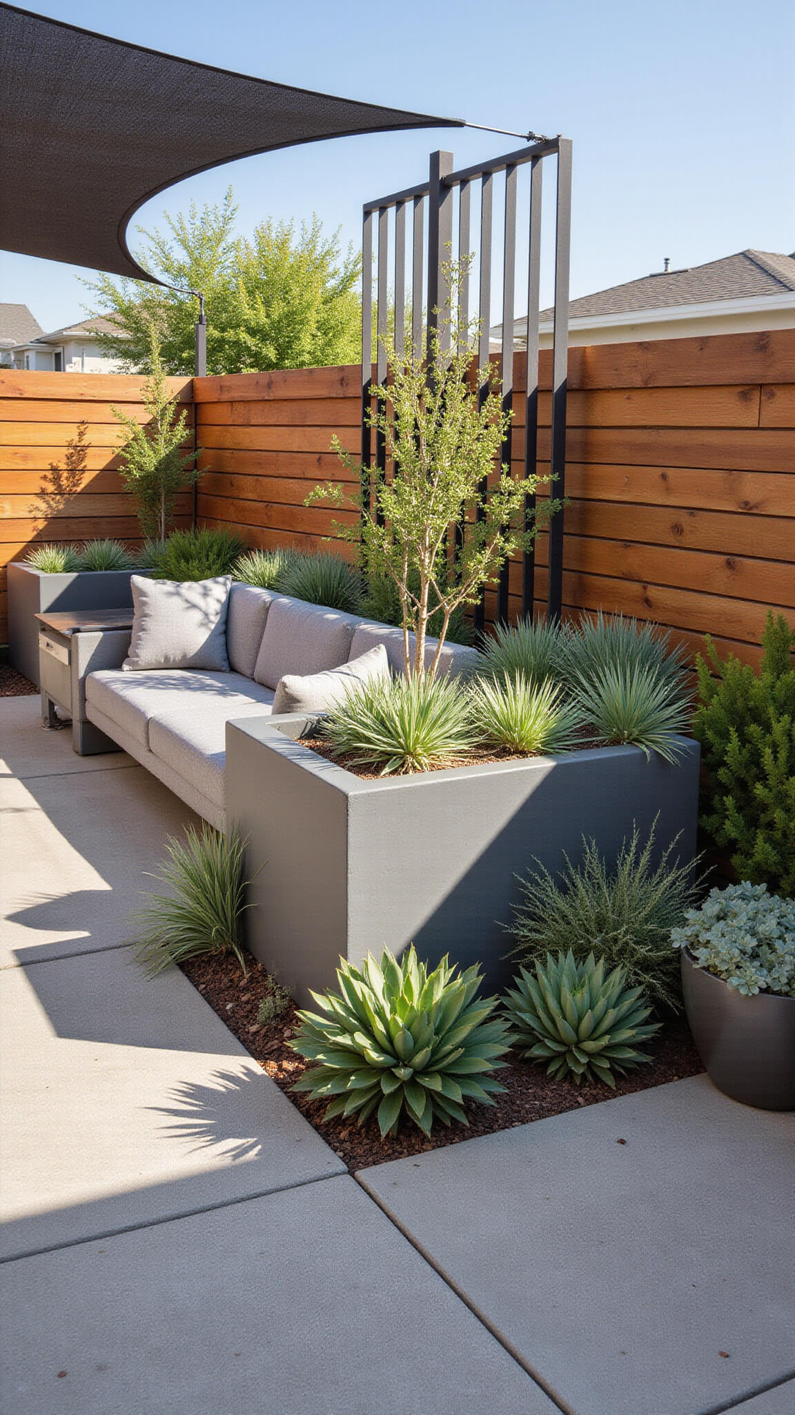 Modern backyard with cedar fencing, metal screens, and succulents in planters creating layered privacy; shaded lounge area with minimalist furniture on concrete pavers, photographed at midday.