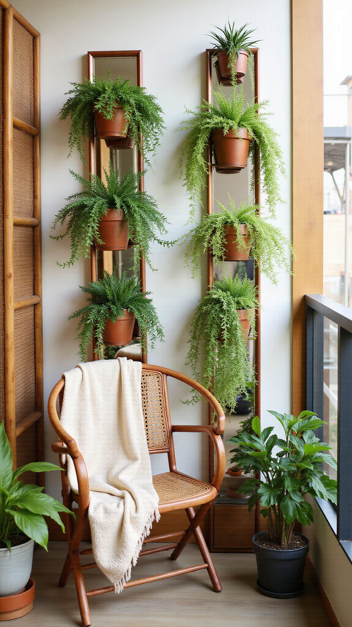 Vertical garden on 8x6ft balcony with tall copper plant stands, cascading greenery, antique mirrors, rattan chair with cream throw, and bamboo privacy screens in morning light.