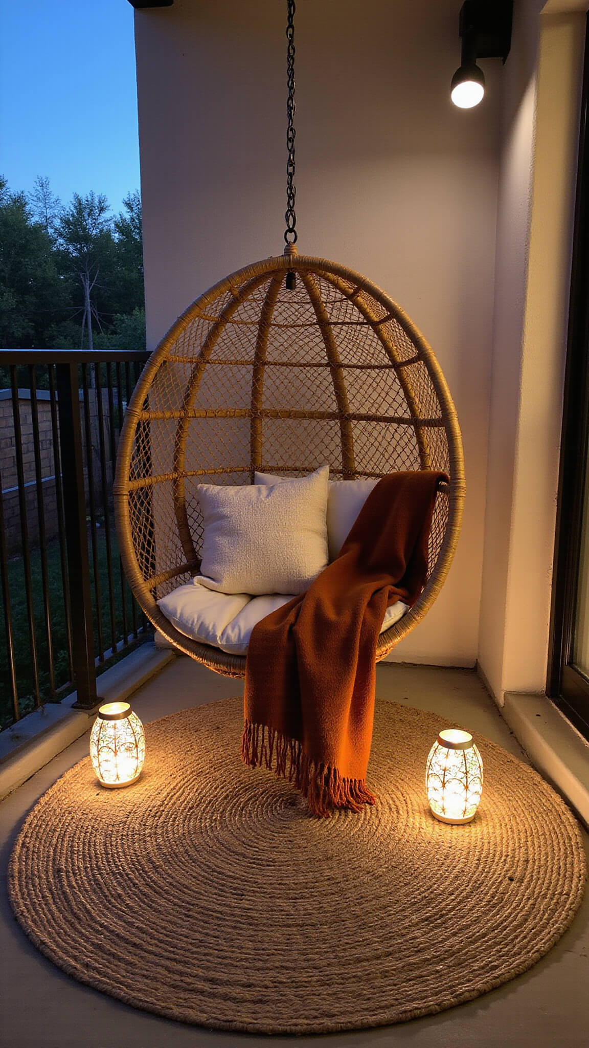 Boho-style balcony corner at dusk with a rattan egg chair, macramé cushions, rust throw, jute rug, Moroccan lanterns, and warm ambient lighting.