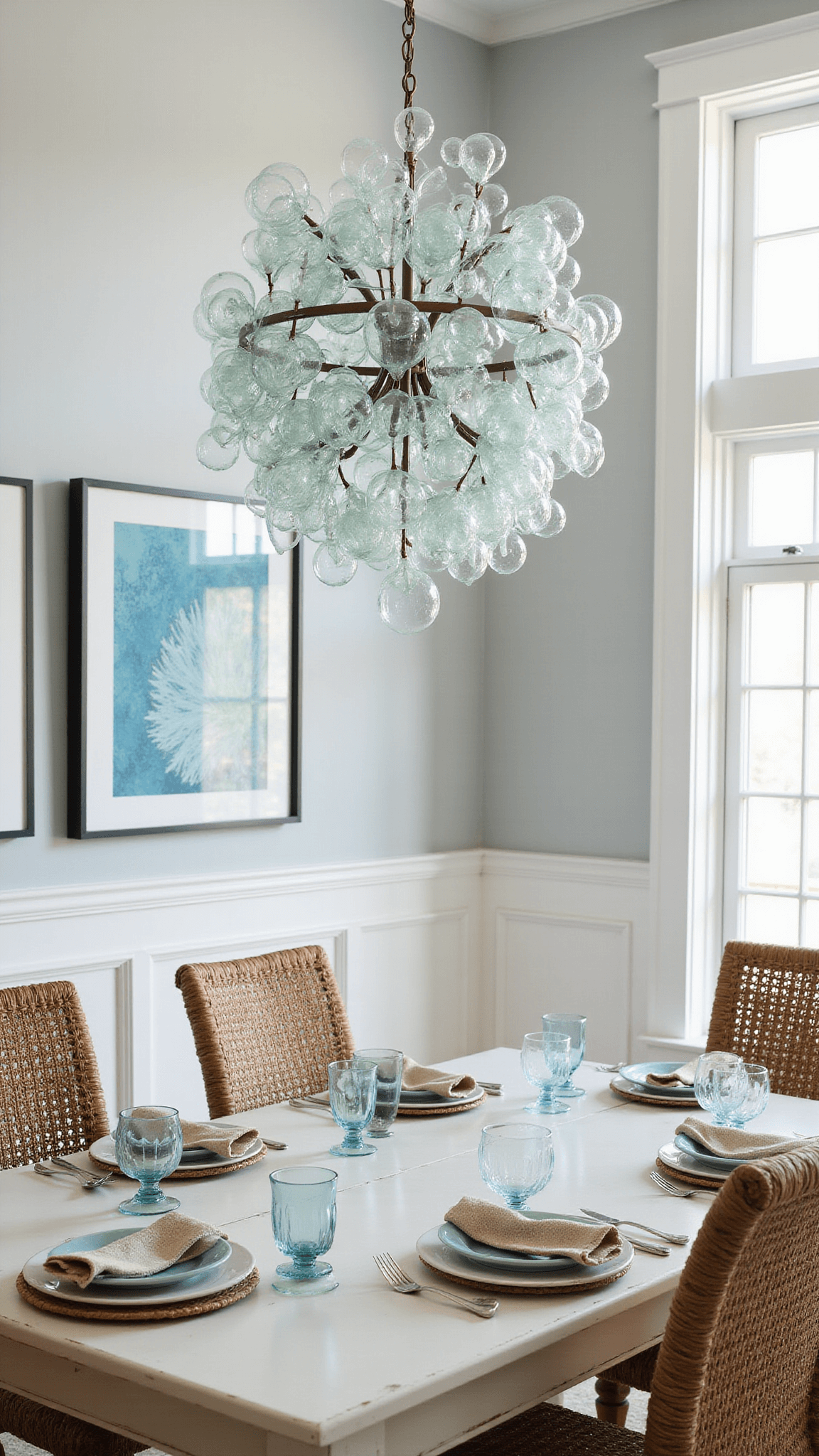 Bright airy dining room with sea glass-inspired glass bubble chandelier over whitewashed oak table, blue glass place settings, woven seagrass chairs, and coral artwork on pale gray walls.