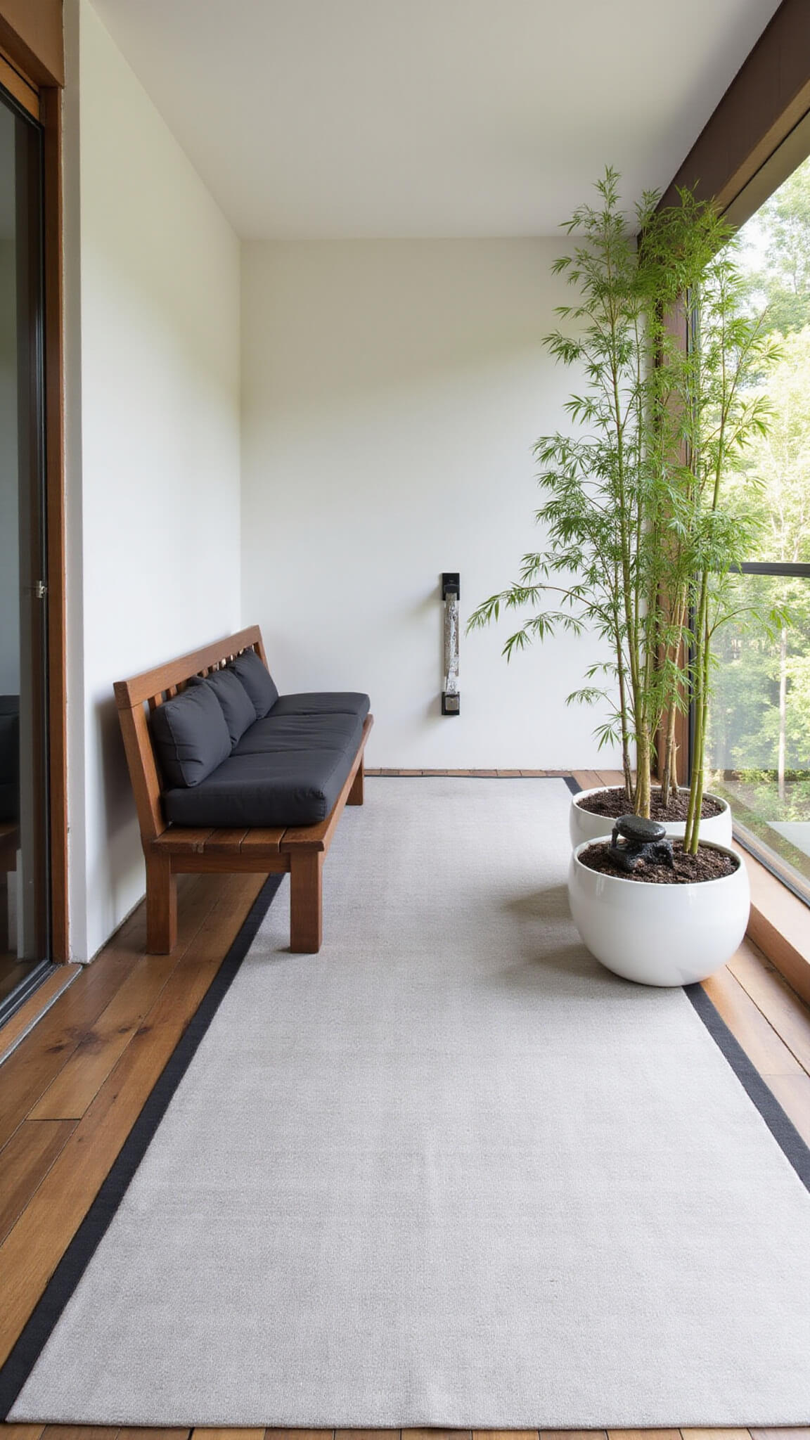 Minimalist Zen balcony retreat with teak bench, bamboo planters, tabletop fountain, and grey rug, shot end-to-end in natural light.