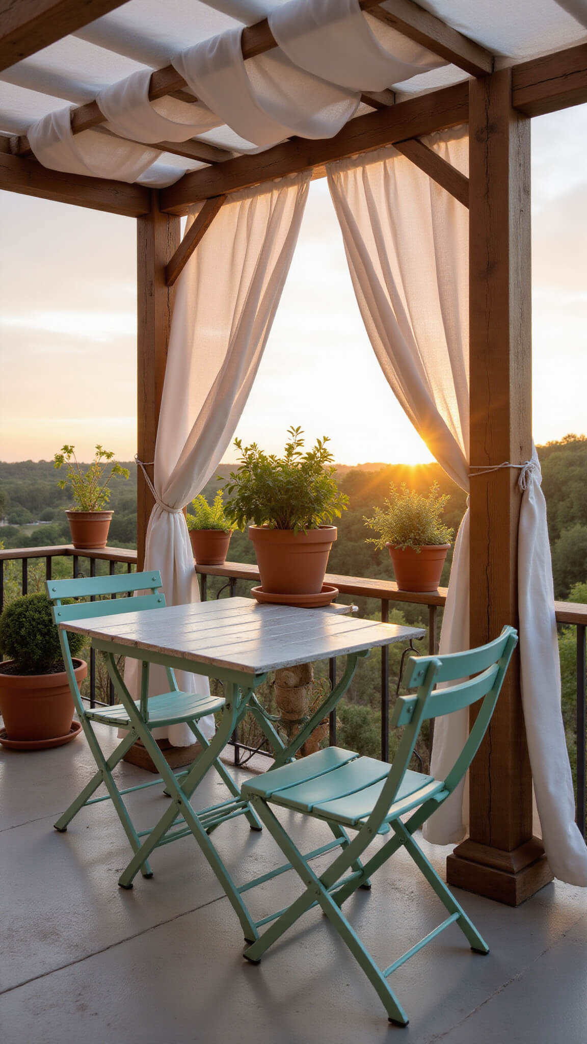 Intimate micro garden dining setup on a 6x6ft balcony at sunset with whitewashed table, mint chairs, pergola draped in white fabric, and terracotta herb pots lining the railing.