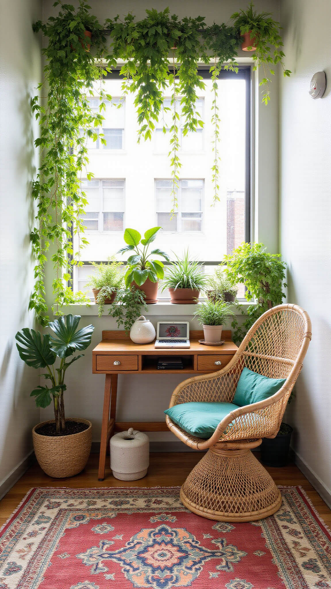 Urban jungle balcony workspace with folding wood desk, rattan peacock chair, hanging plants, and vintage rug in natural morning light.