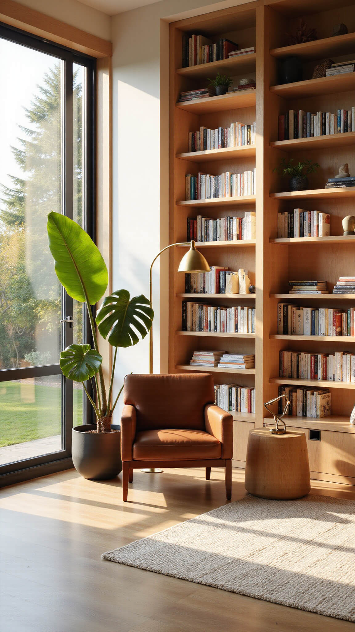 Modern home library with white oak shelves, sunlit oak flooring, mid-century leather chair, brass accents, and large windows at golden hour.
