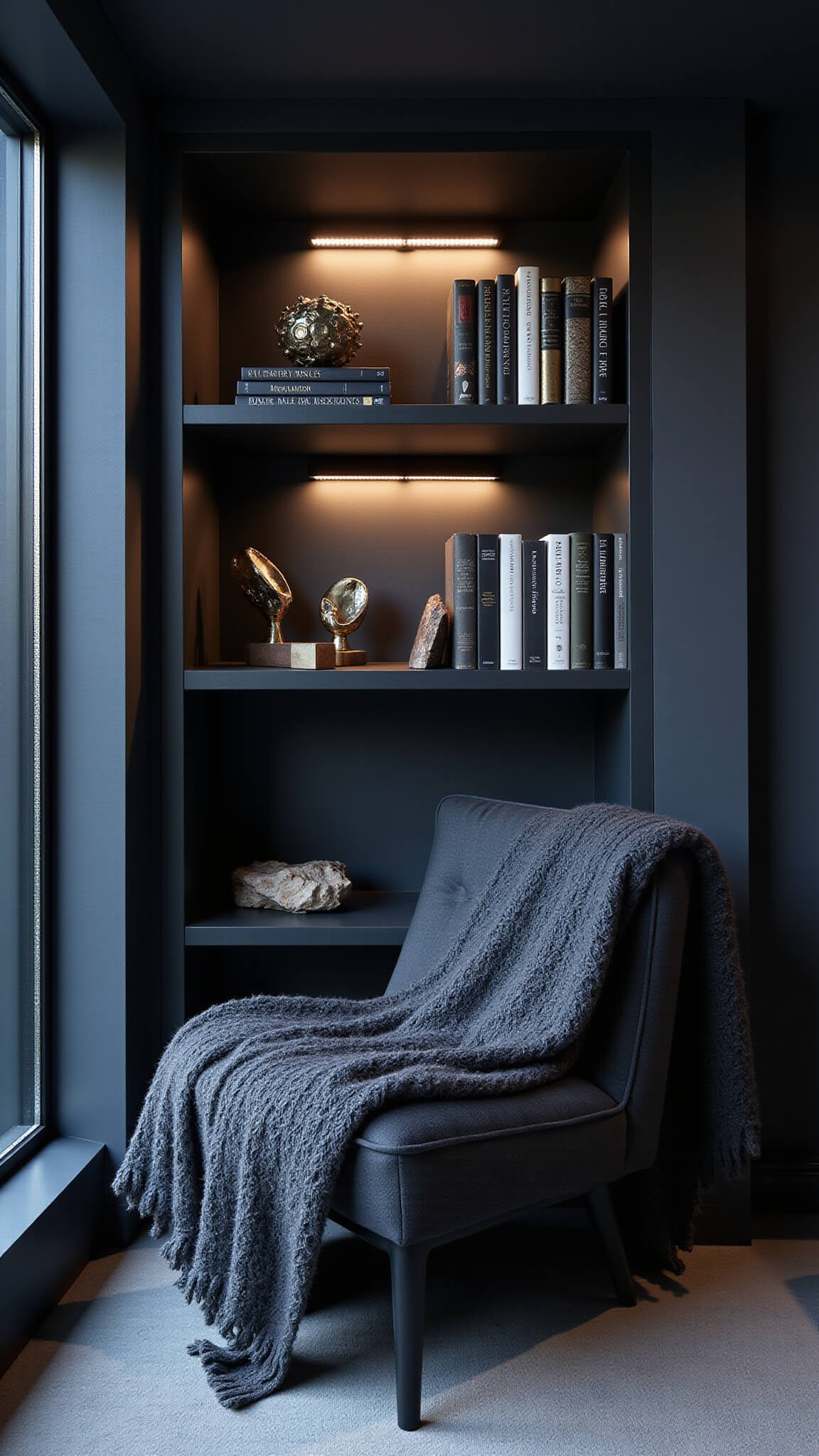 Moody blue hour library nook with black metal LED shelves, charcoal bouclé chair, and books arranged by size, accented with metallic decor and soft textiles.