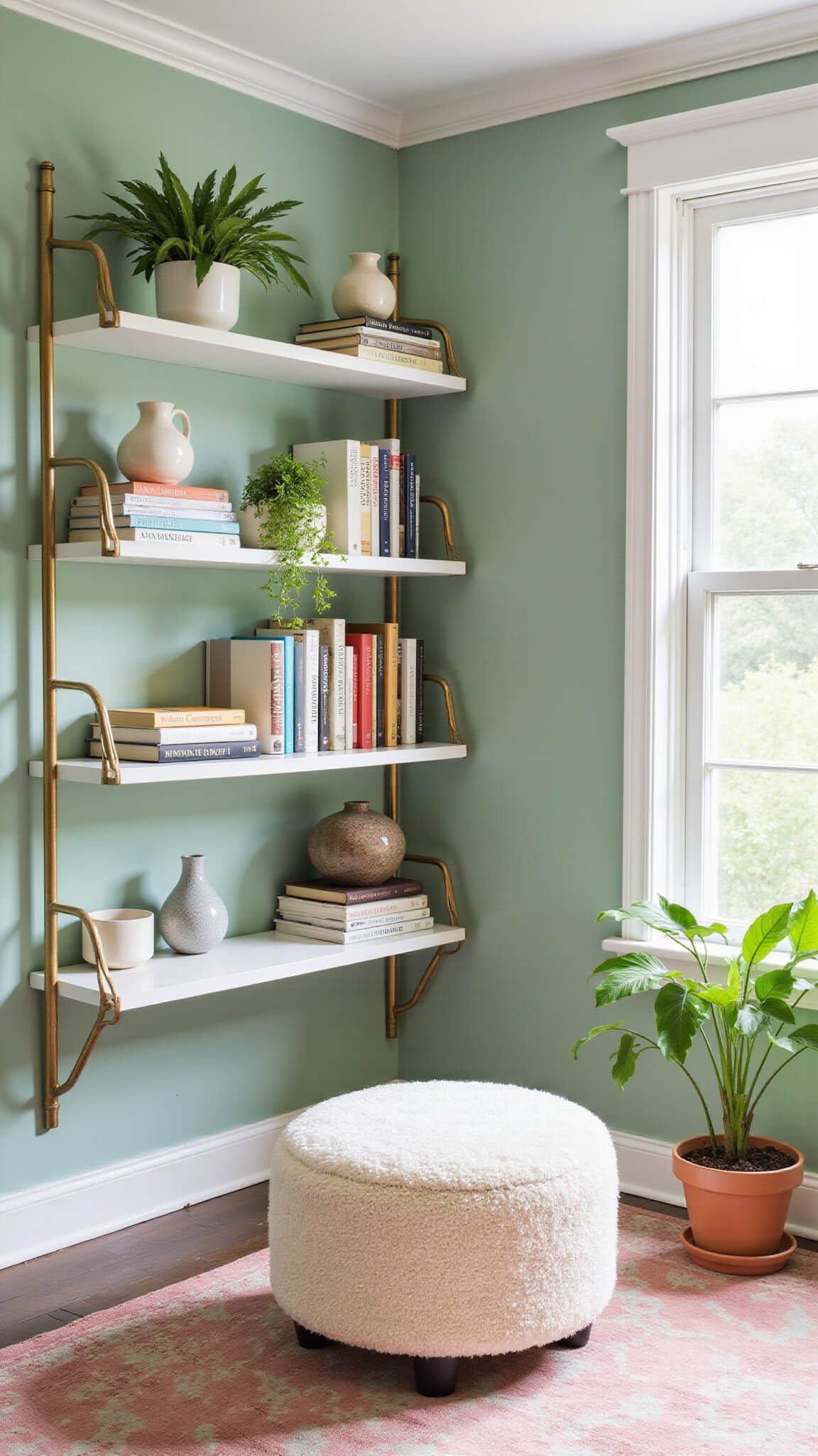 Bright corner library with floating white shelves on a sage green wall, brass ladder rail, color-coded books, ceramic decor, trailing plants, cream boucle ottoman on a muted rose vintage rug.