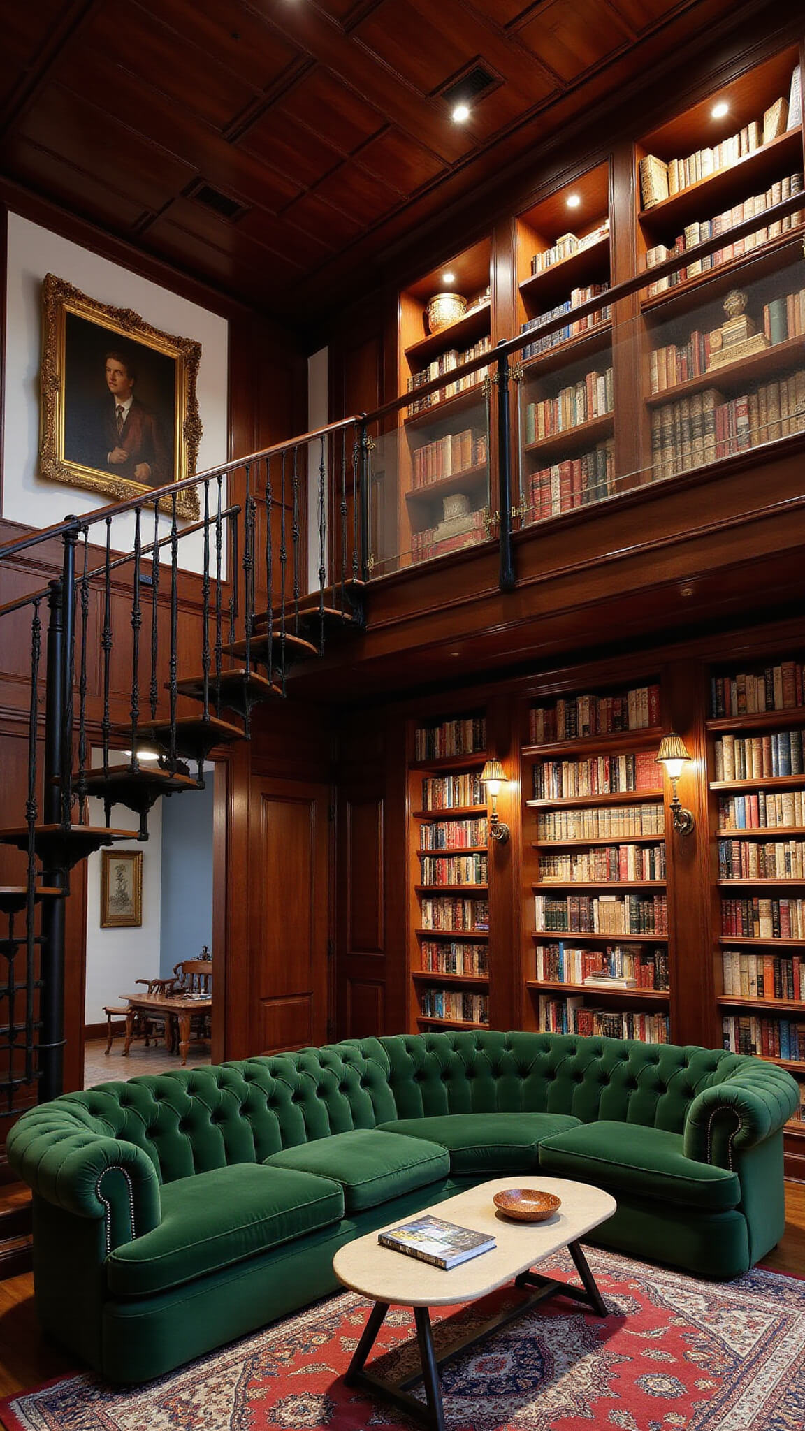 Double-height library with dark walnut shelves, brass inlays, spiral staircase, emerald velvet sofa on Persian rug, viewed from mezzanine at dusk with accent lighting.