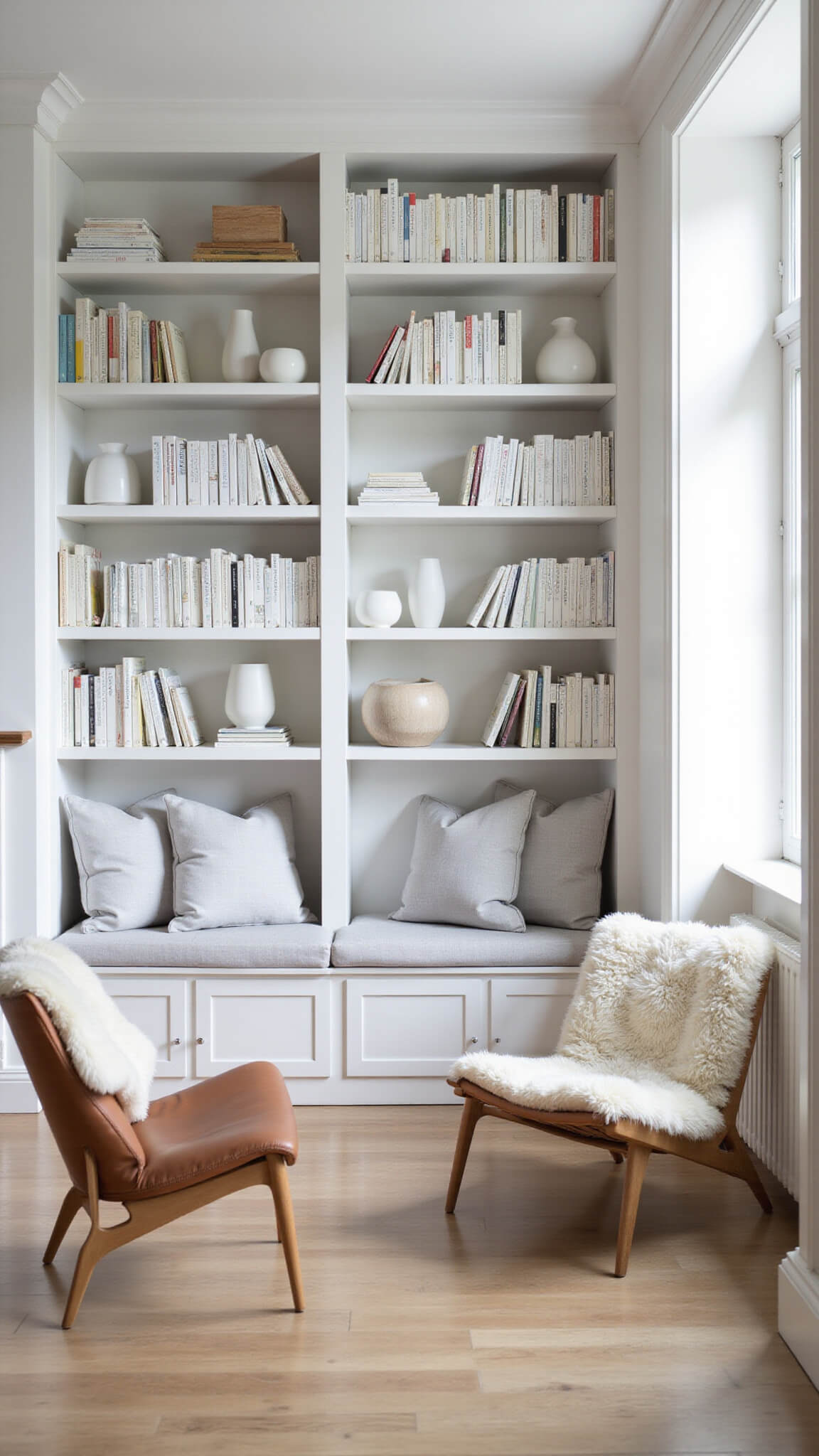 Minimalist Scandinavian library with white shelving, built-in bench seating, white-spined books, pale decor, and soft natural lighting.