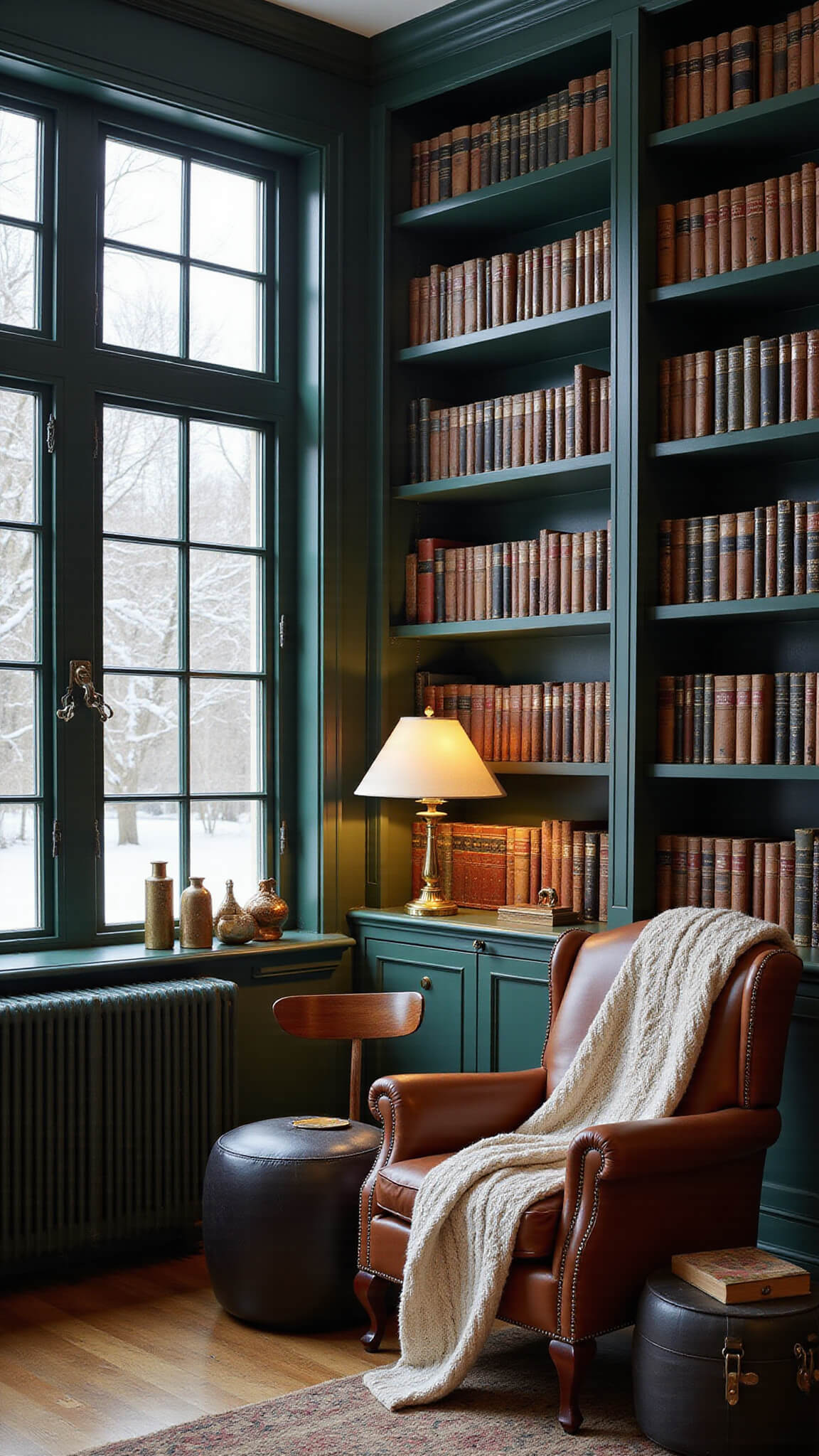 Cozy winter library with dark green floor-to-ceiling shelves, leather wingback chair, and brass lamp, seen during snowfall through iron-framed windows.