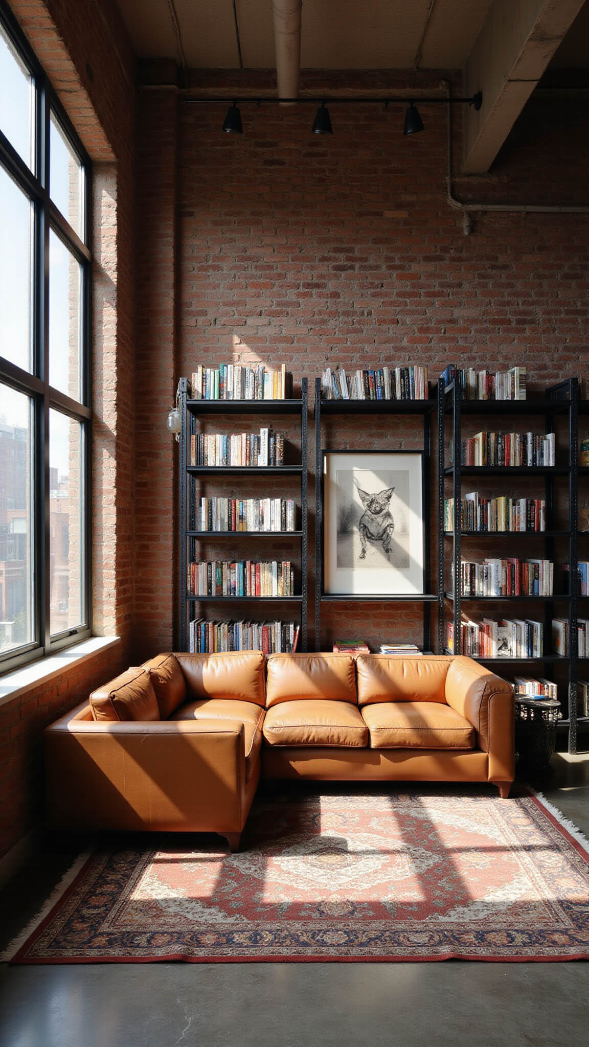 Modern loft library with black steel shelves, exposed brick walls, vintage rugs, and cognac leather sectional in morning sunlight.