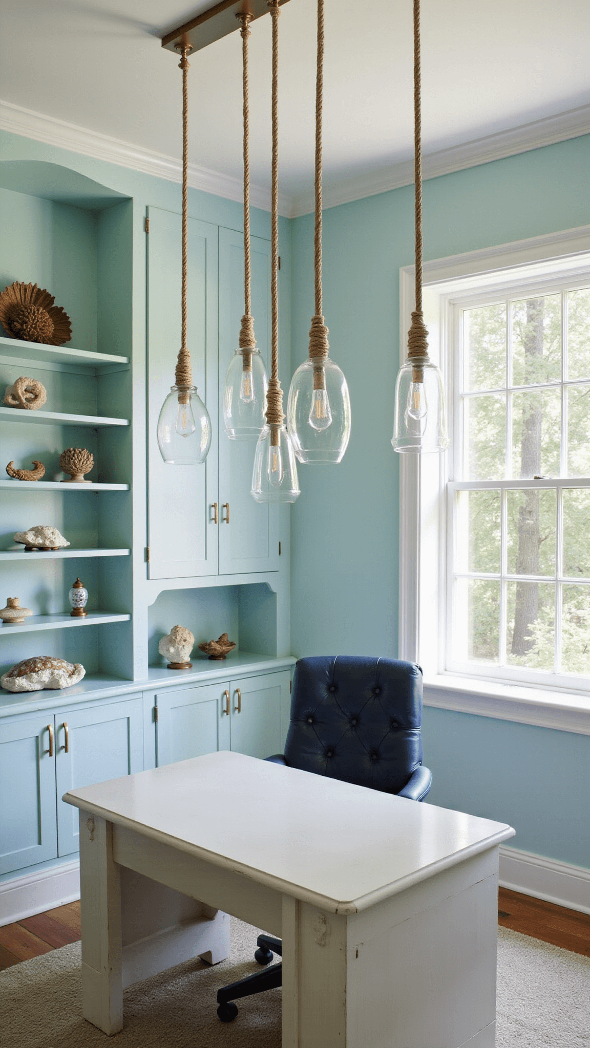 Serene 14x16ft home office with morning light, glass and rope pendant lights over whitewashed desk, navy leather chair, pale aqua walls, built-in shelves with coral and nautical decor.