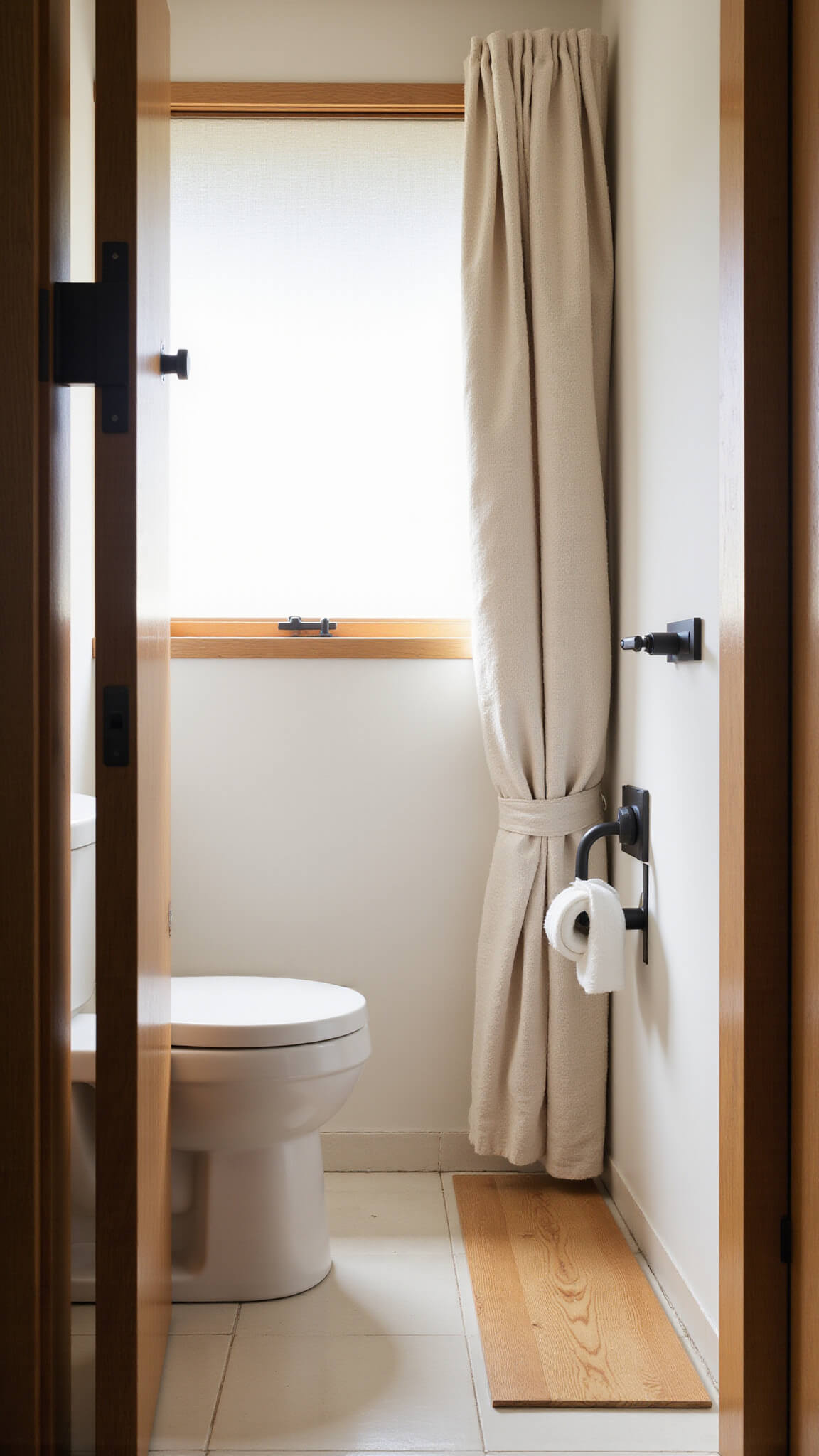 Japandi-style 7x9ft bathroom at dawn with rice paper sliding door, teak shower floor, white tiles, wall-hung toilet, linen curtain, and black matte accents in soft natural light.
