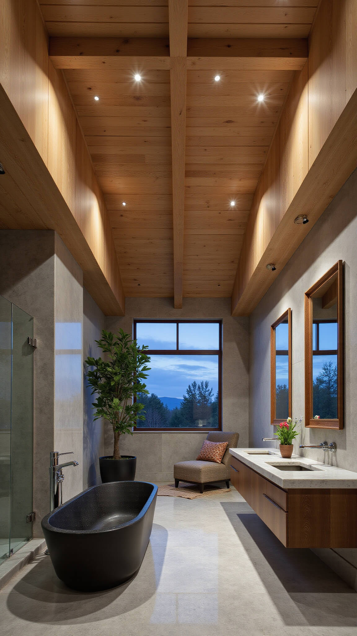 Luxurious Japandi-style bathroom with black stone tub, floating vanity, and fiddle leaf fig, illuminated by moody up-lighting at dusk.