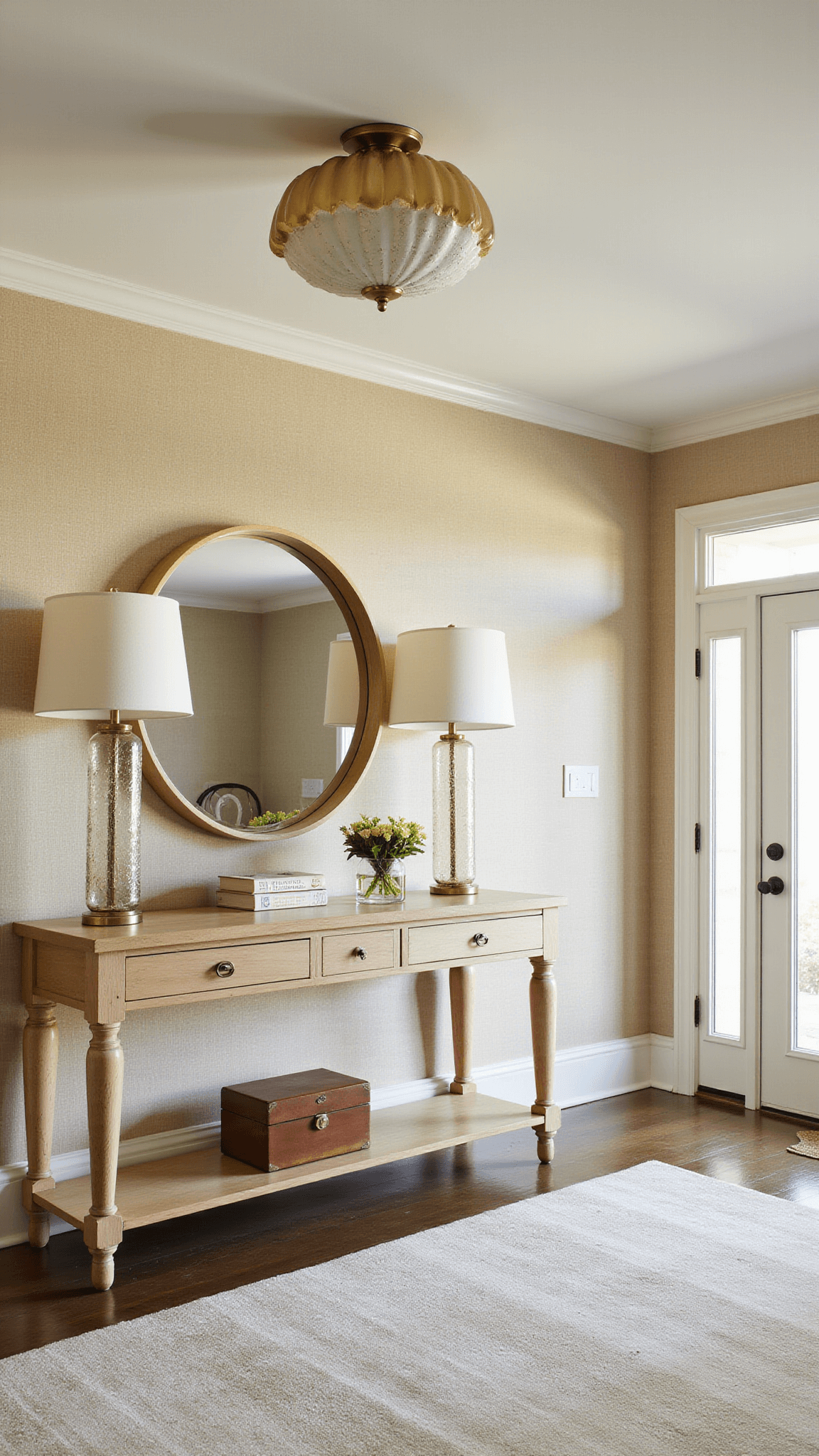 Brushed brass shell-inspired flush mount light in cozy 8x10ft entryway with bleached oak console, mercury glass lamps, round mirror, and sandy beige grasscloth wallpaper.