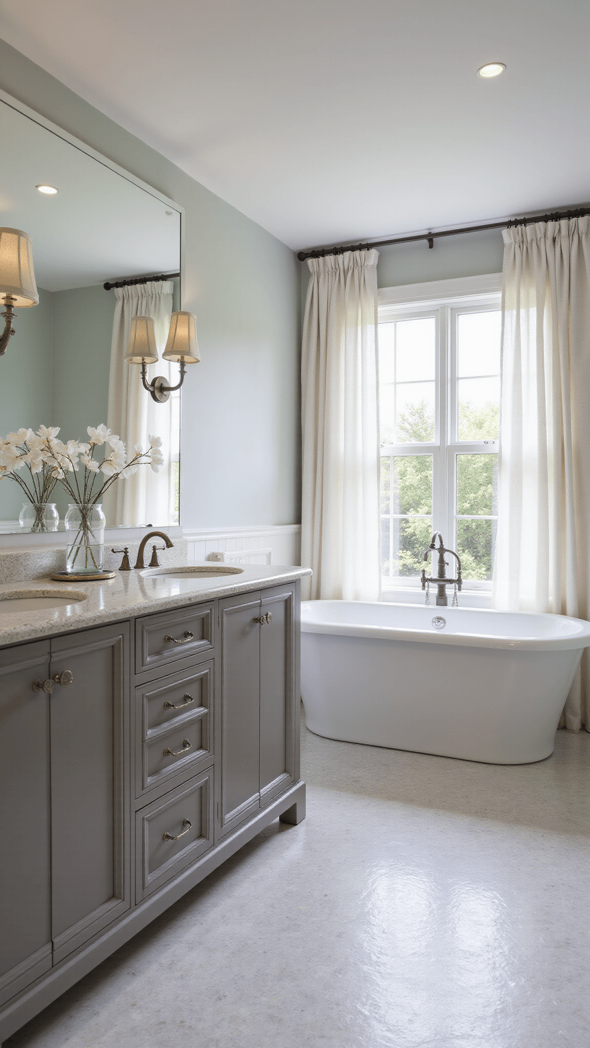 Luxurious primary bathroom with driftwood gray double vanity, seaglass sconces, soaking tub under sheer-curtained window, and mother of pearl penny tile floor glowing in sunrise light.