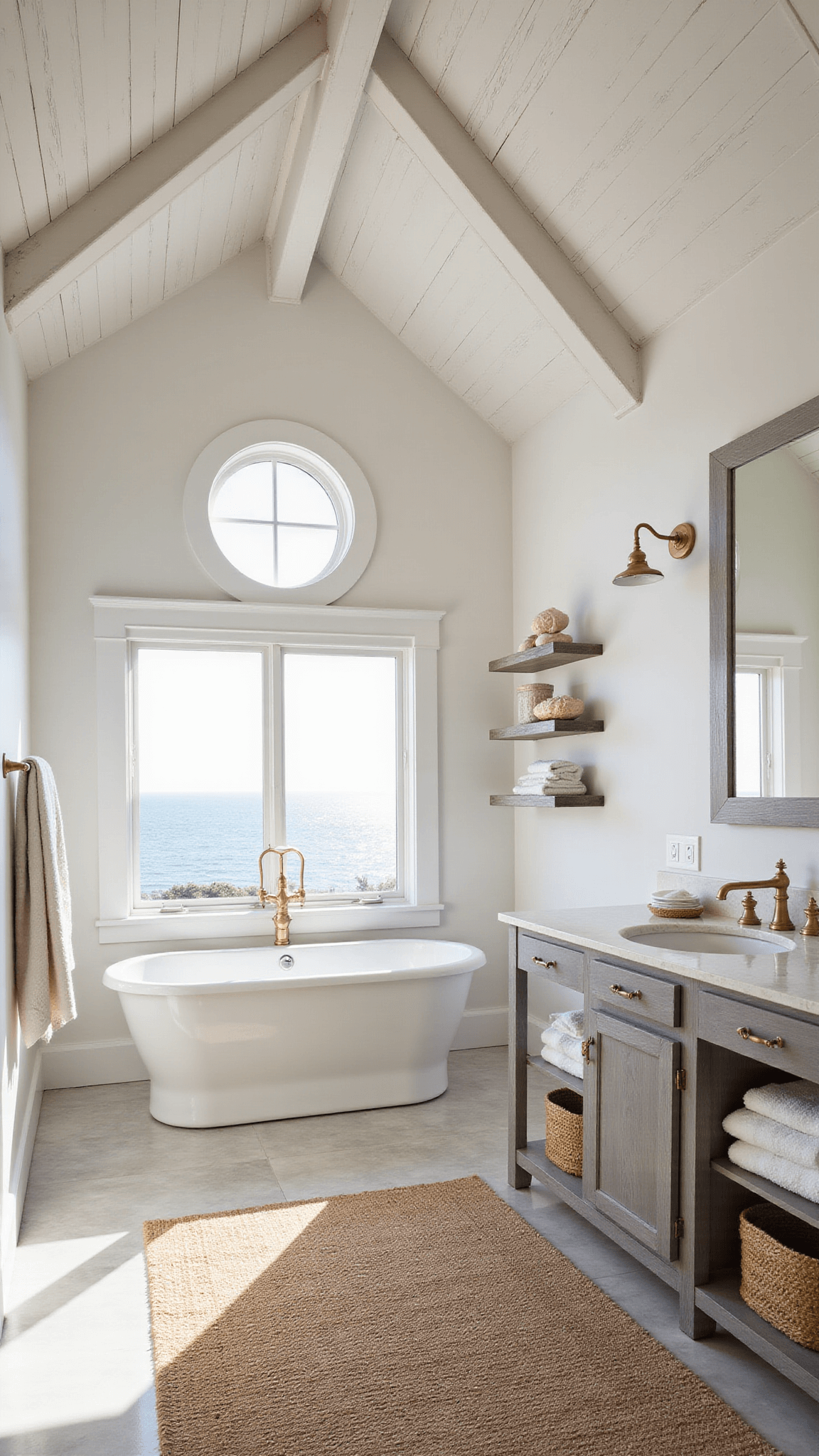 Coastal-themed master bathroom with ocean view, freestanding tub, driftwood double vanity, vaulted ceiling, and warm sunlight highlighting brass fixtures.