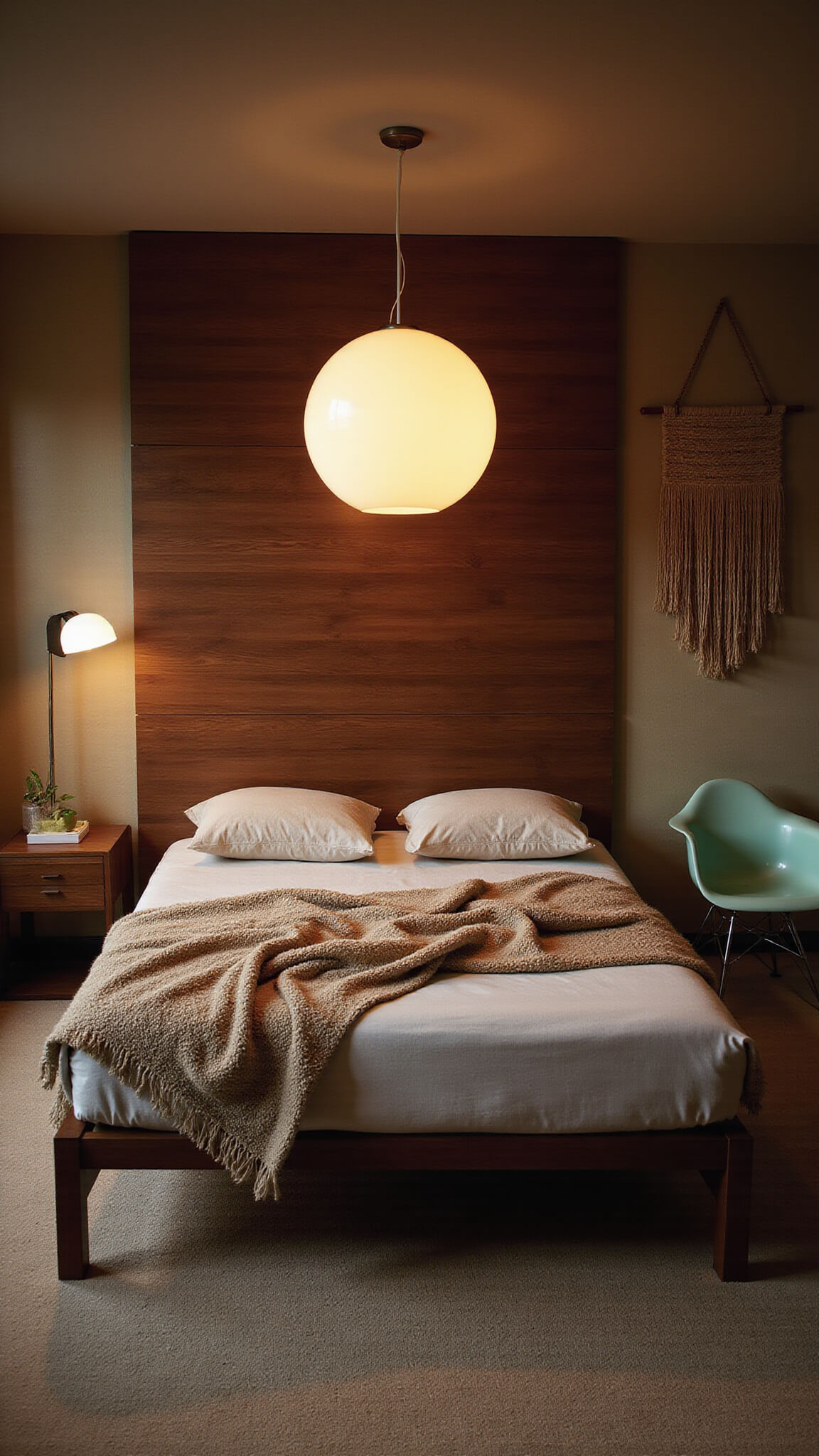 Mid-century 10x12ft bedroom at dusk with sculptural Nelson pendant lamp casting soft patterns, low walnut bed, seafoam green Eames rocker, and textured earth-toned decor.