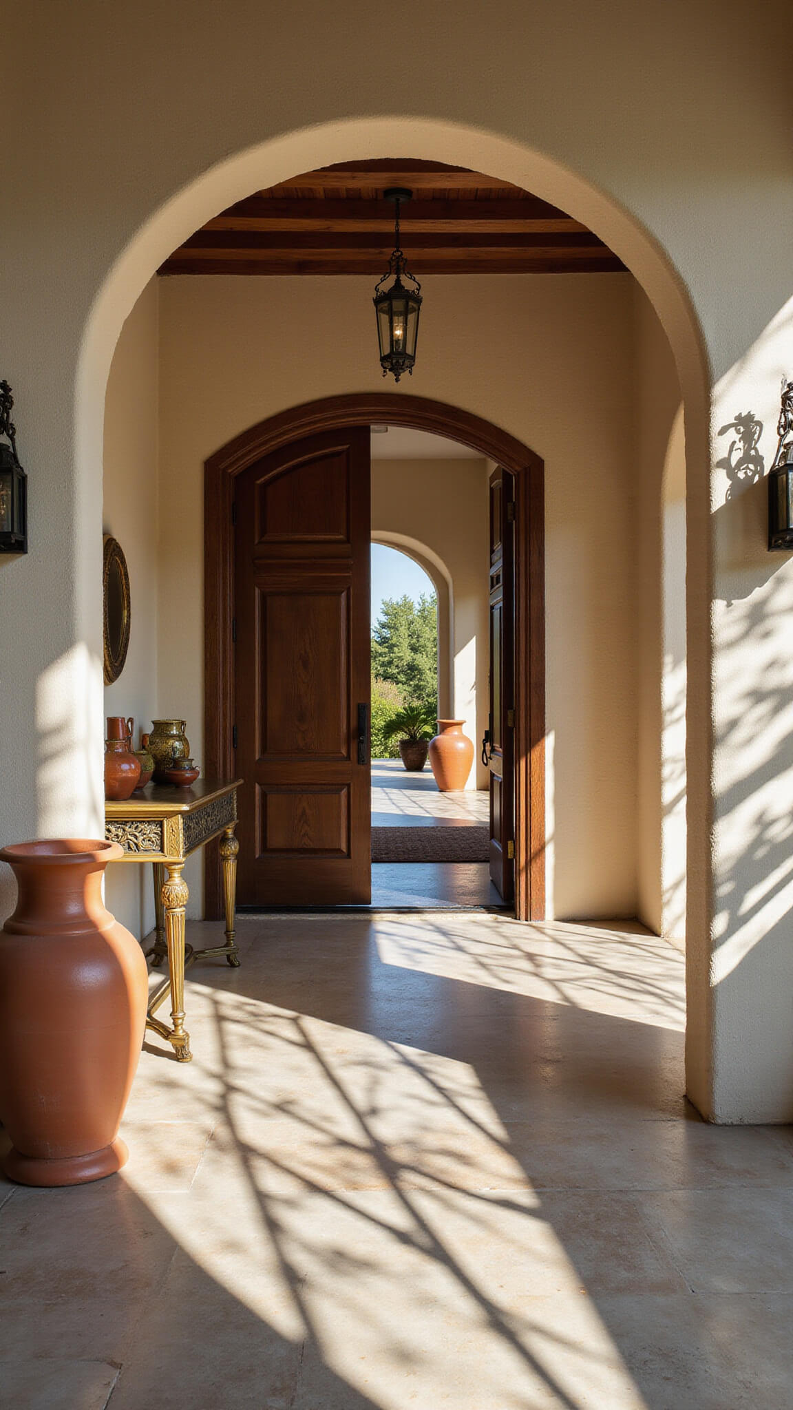 Dramatic stone archway entryway with limestone floors, vintage brass console, terracotta urns, and wrought-iron fixtures in late afternoon light.
