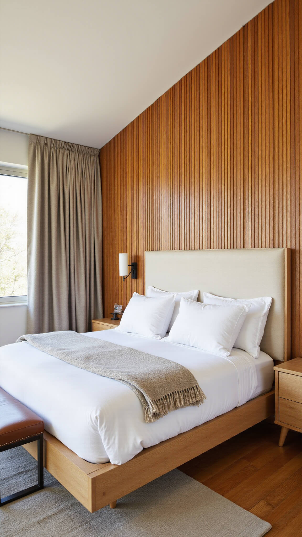 Mid-century master bedroom with vertical wood slat statement wall, platform bed with built-in nightstands, Serge Mouille sconces, and natural light highlighting warm neutral textures.