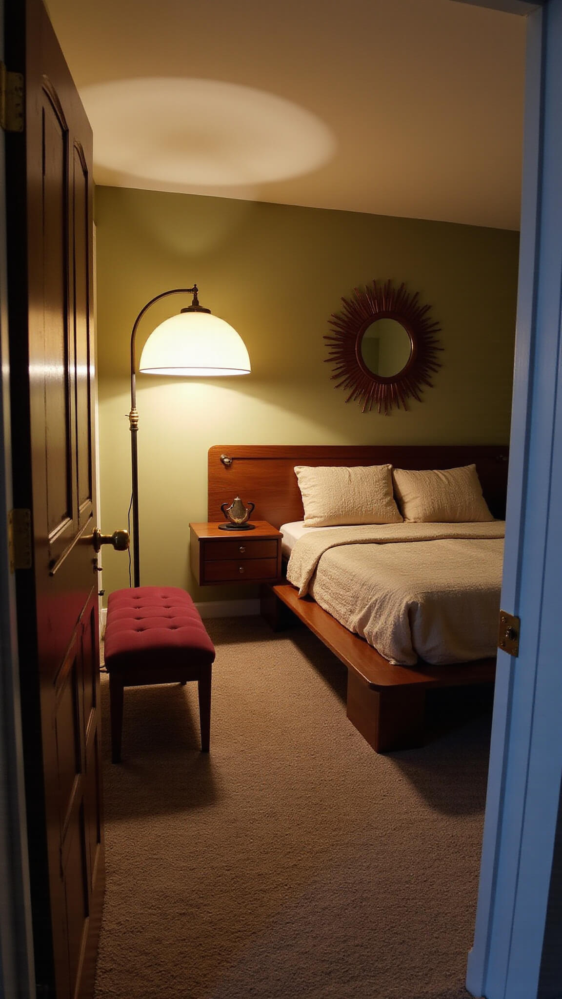 Mid-century 11x13ft bedroom at twilight with floating walnut bed, dramatic dome floor lamp, sunburst mirror, velvet bench, and warm-toned decor.