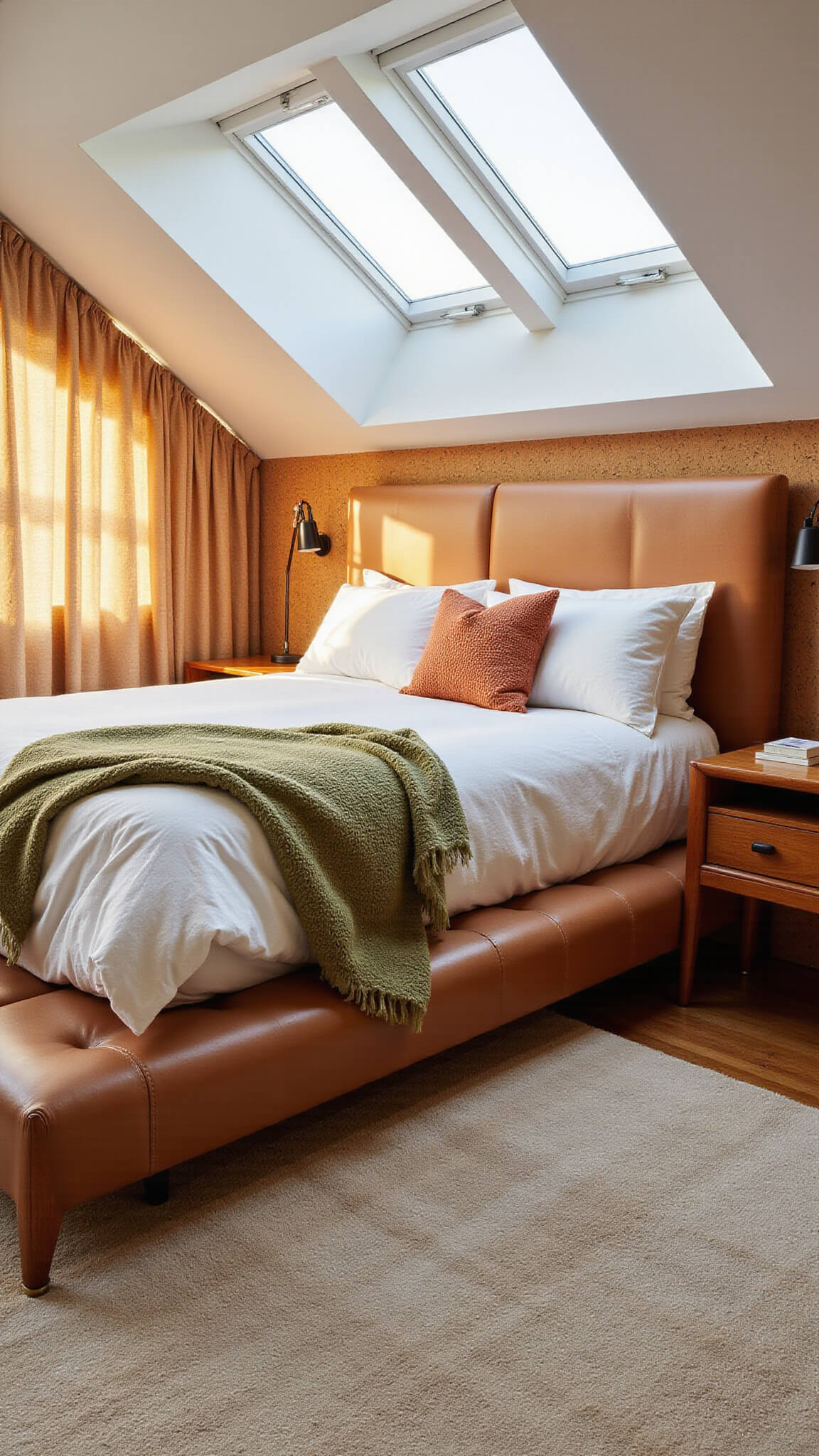 Mid-century modern bedroom with platform bed, teak nightstands, cork walls, silk curtains, and clerestory windows illuminated by golden hour light.