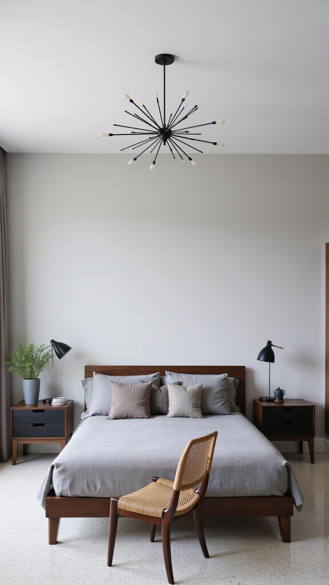 Minimalist 12x14ft mid-century bedroom with black oak low-profile bed, floating side tables, Wegner Shell chair, Sputnik chandelier, terrazzo floor, and grey palette with warm wood accents.