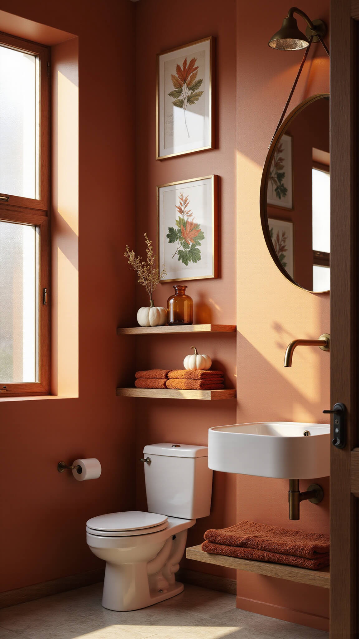 Warm-toned 8x10ft bathroom with terracotta walls, copper-framed autumn artwork, brass mirror, oak shelves decorated with white pumpkins and amber glass, plush rust towels, and golden hour sunlight through a frosted window.