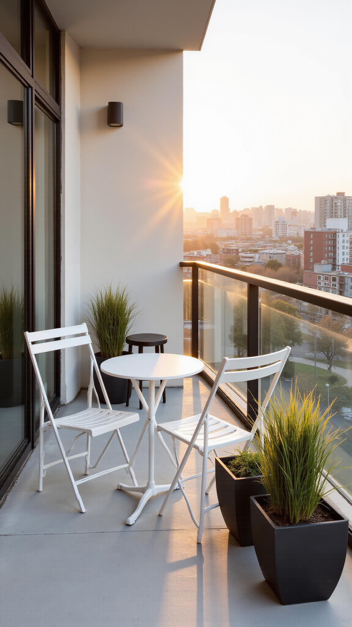 Minimalist urban balcony at golden hour with white bistro set, glass railing, geometric planters, and city view through soft natural light.