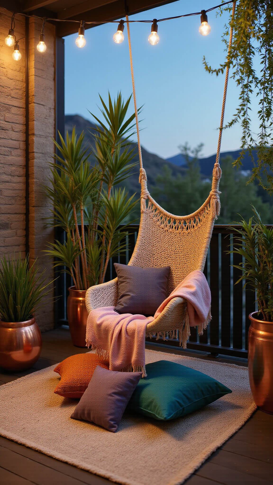 Bohemian balcony retreat at dusk with macramé chair, blush throw, jewel-toned floor cushions on jute rug, hanging plants in copper planters, and twinkling string lights.