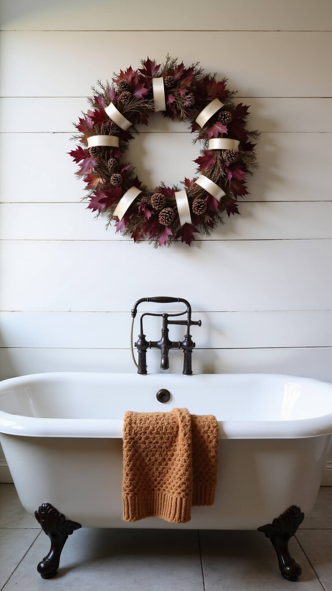 Spacious master bathroom during blue hour with DIY autumn wreath on shiplap wall, clawfoot tub below, and venetian bronze fixtures.