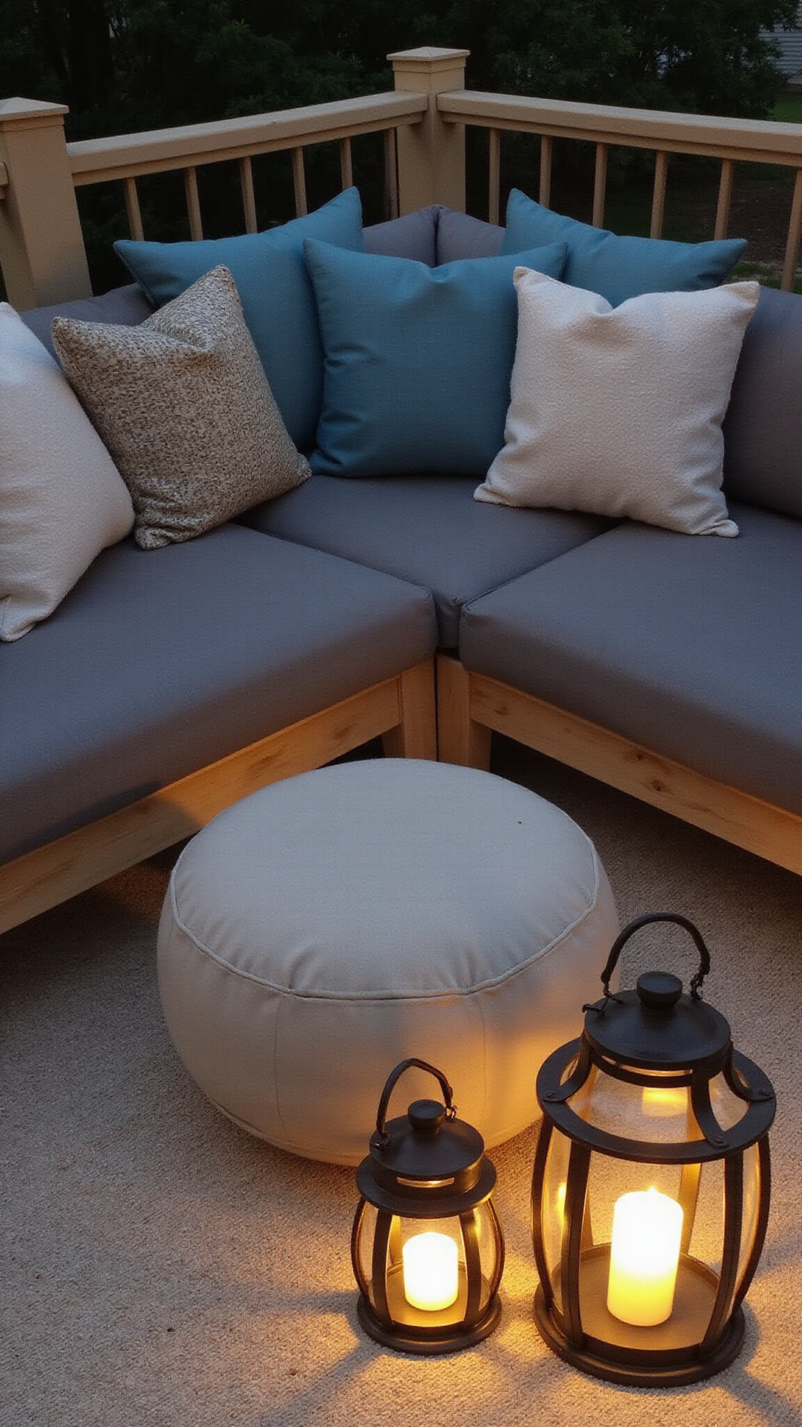 Cozy 6x6ft evening balcony with L-shaped grey modular seating, copper lanterns, ivory rug, and sea-toned pillows, viewed from above.