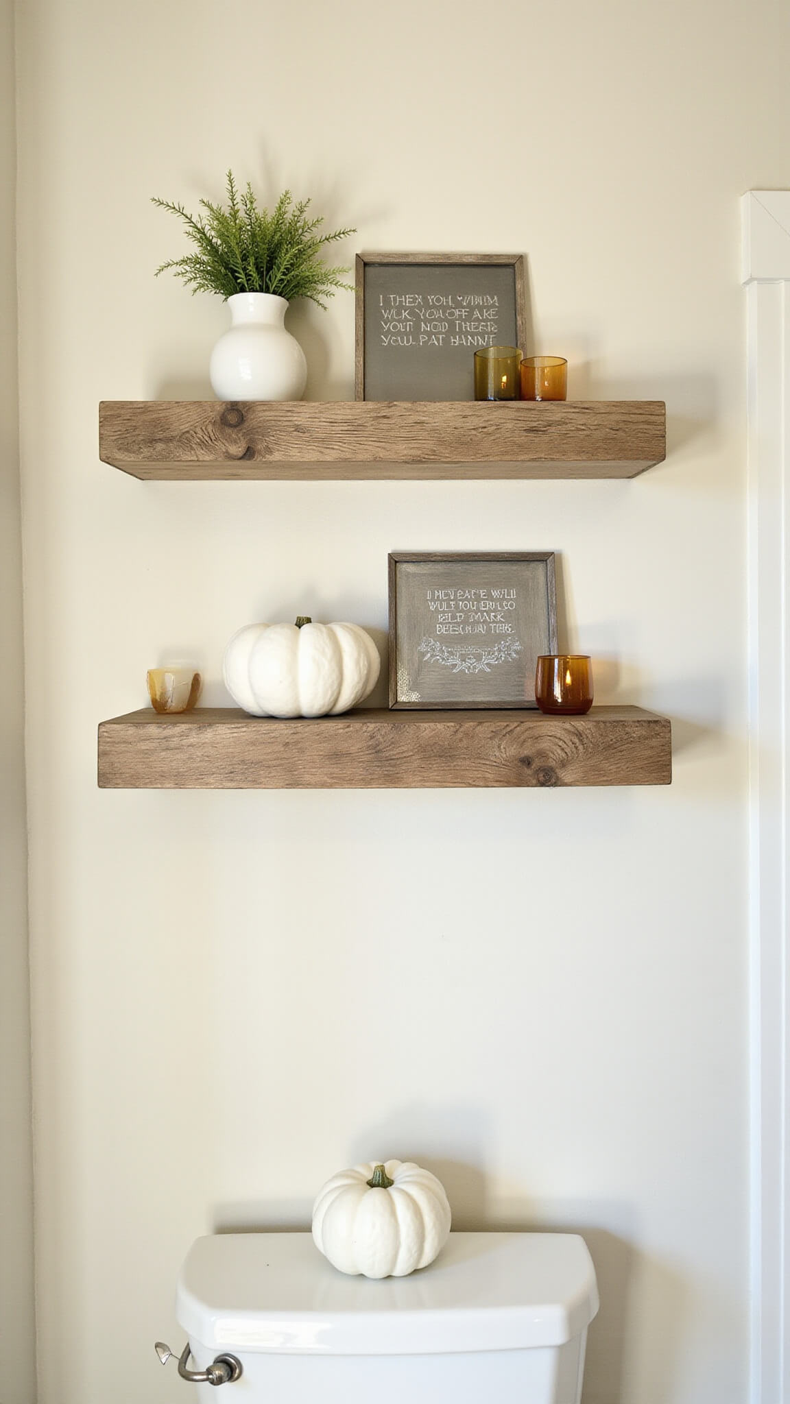 Floating reclaimed barn wood shelves in a contemporary bathroom styled with white ceramic pumpkins, amber glass votives, and modern metallic framed quotes against creamy white walls.