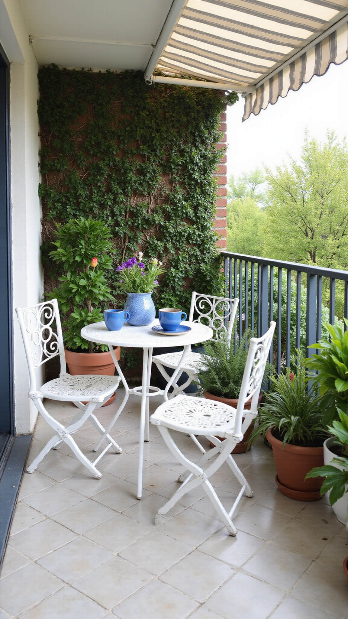 Compact balcony breakfast nook with white bistro set, geometric tiles, vertical garden, and Mediterranean blue accents in soft morning light.