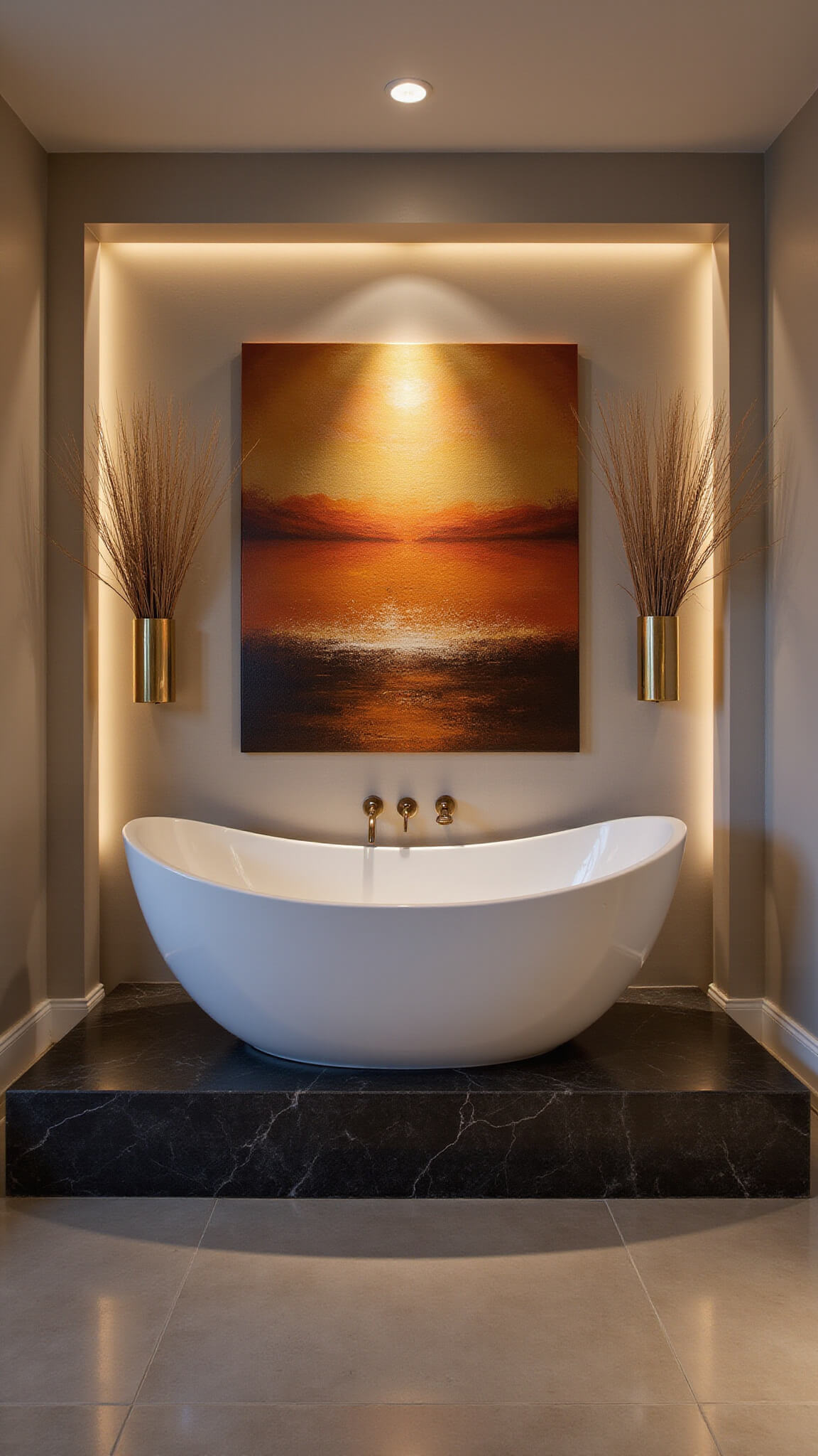 Luxe spa-inspired bathroom at dusk with freestanding soaking tub, abstract canvas art in warm tones, dried grass in brass vases, and layered lighting highlighting spacious design.