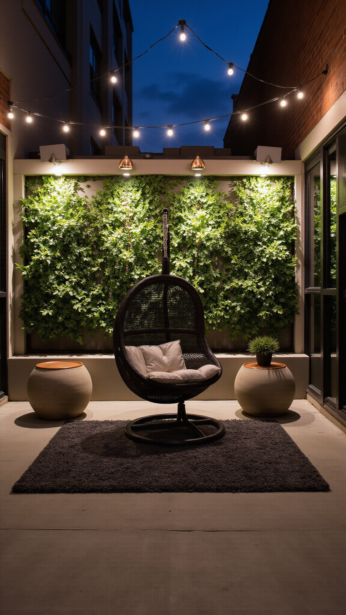 Eye-level view of a 7x4ft twilight urban oasis featuring a black rattan hanging chair centered against an LED-lit plant wall, with concrete side tables, a charcoal rug, uplighting, and warm white string lights overhead.