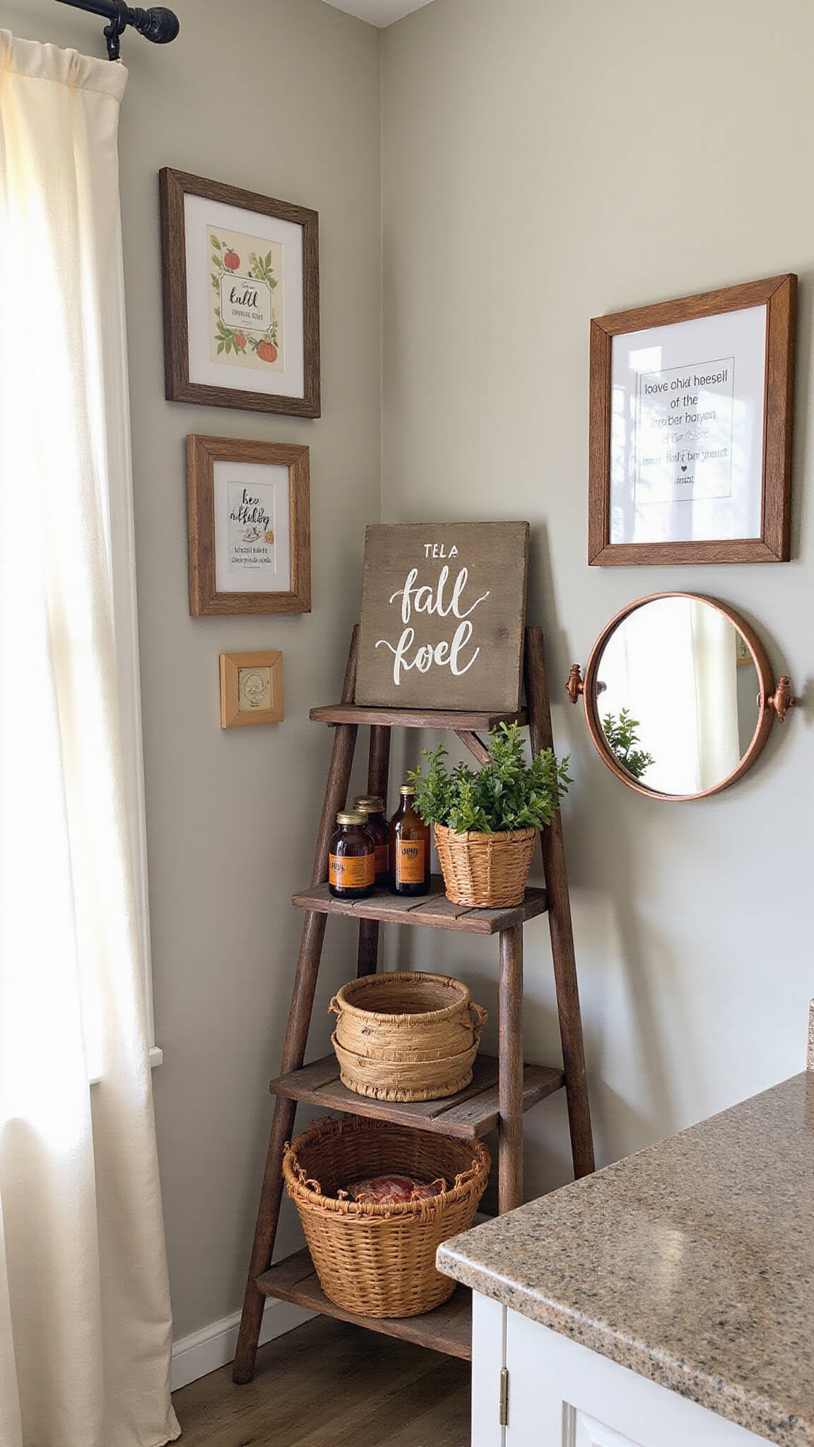 Cozy 9x10ft cottage bathroom in warm morning light with vintage ladder shelf, amber jars, fall decor, and corner gallery of botanical prints and copper mirrors.