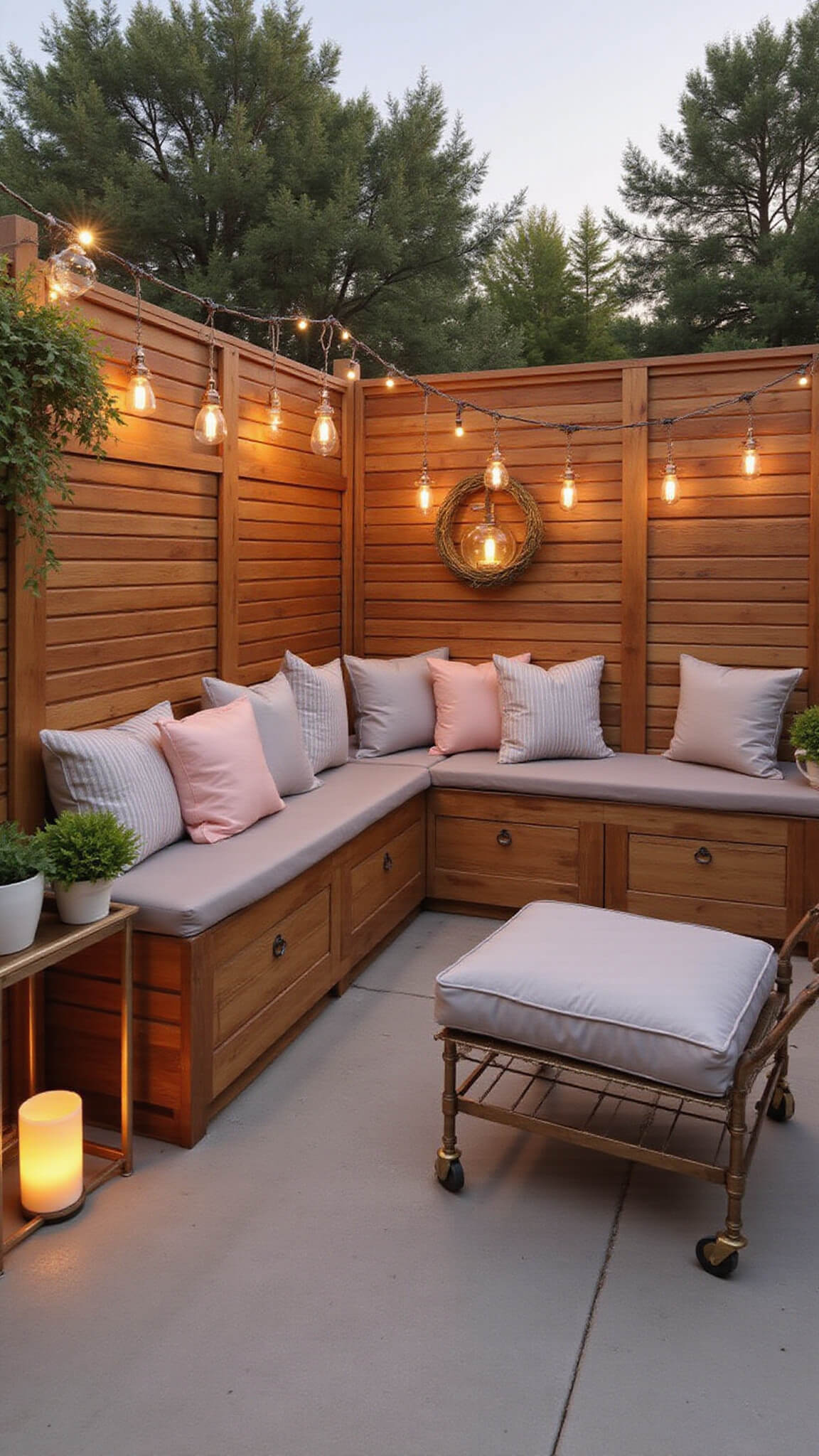 Sunset-lit 6x7ft outdoor space with teak storage bench, blush and grey cushions, rose gold accents, hanging glass terrariums, and a brass bar cart.