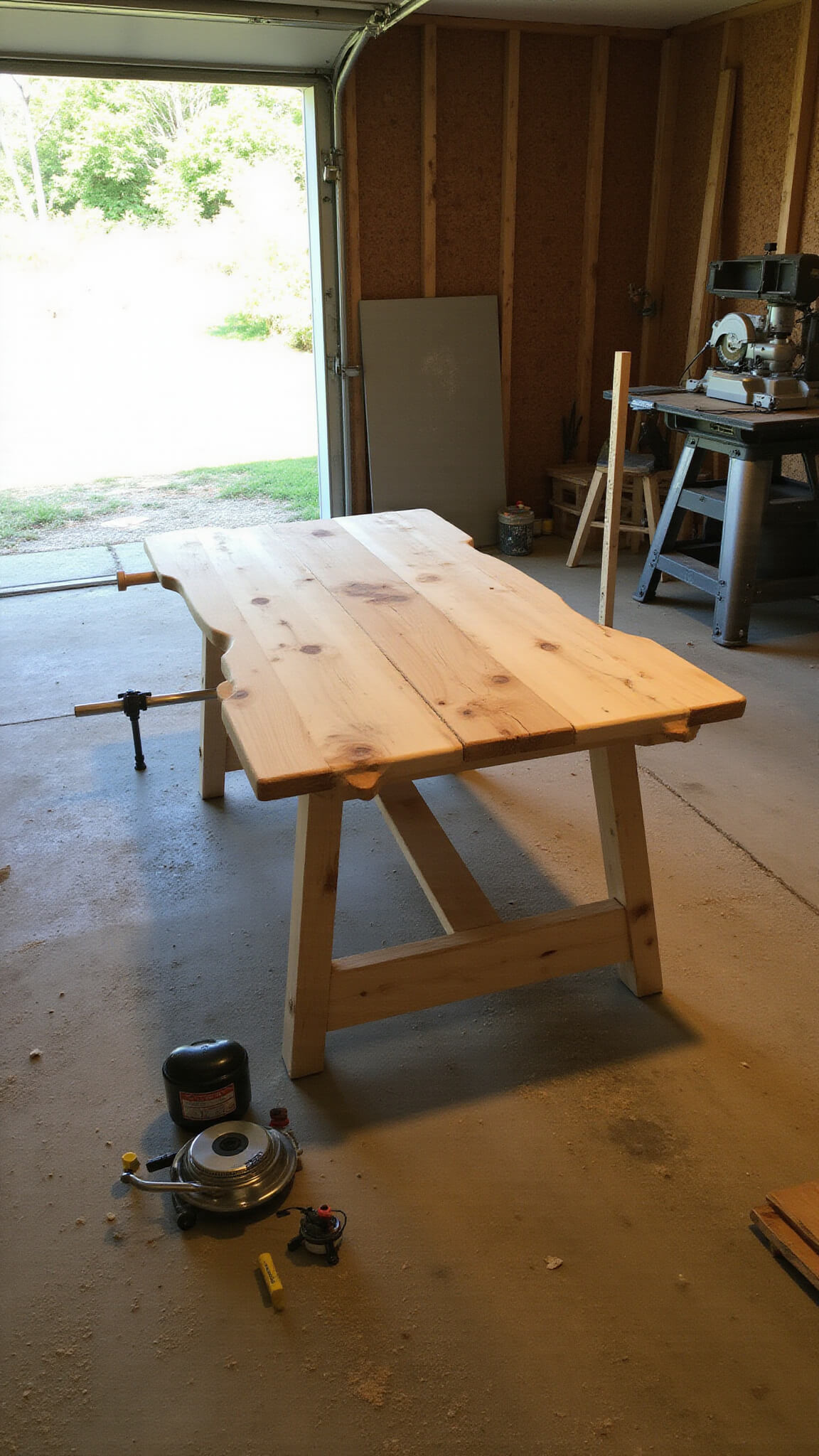 DIY farmhouse table workshop in a well-lit garage, showing partially assembled pine components with visible pocket hole joinery, hand-planed surfaces, neatly arranged tools, and sawdust illuminated by afternoon light.