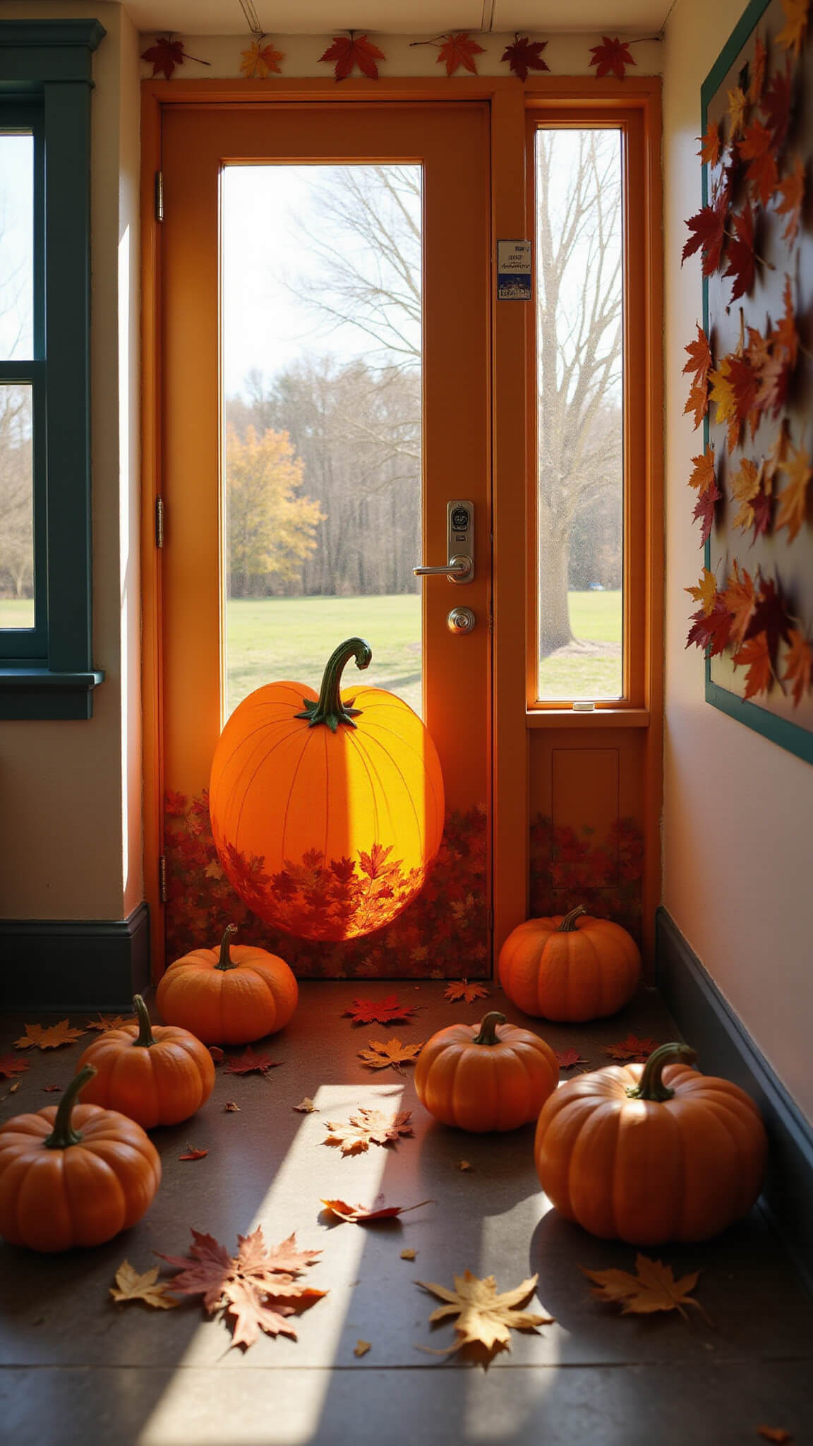 Child's-eye view of a hand-painted wooden door designed as a 3D pumpkin patch, surrounded by life-sized paper mache pumpkins and an interactive leaf-counting display with real maple leaves, bathed in warm morning light.