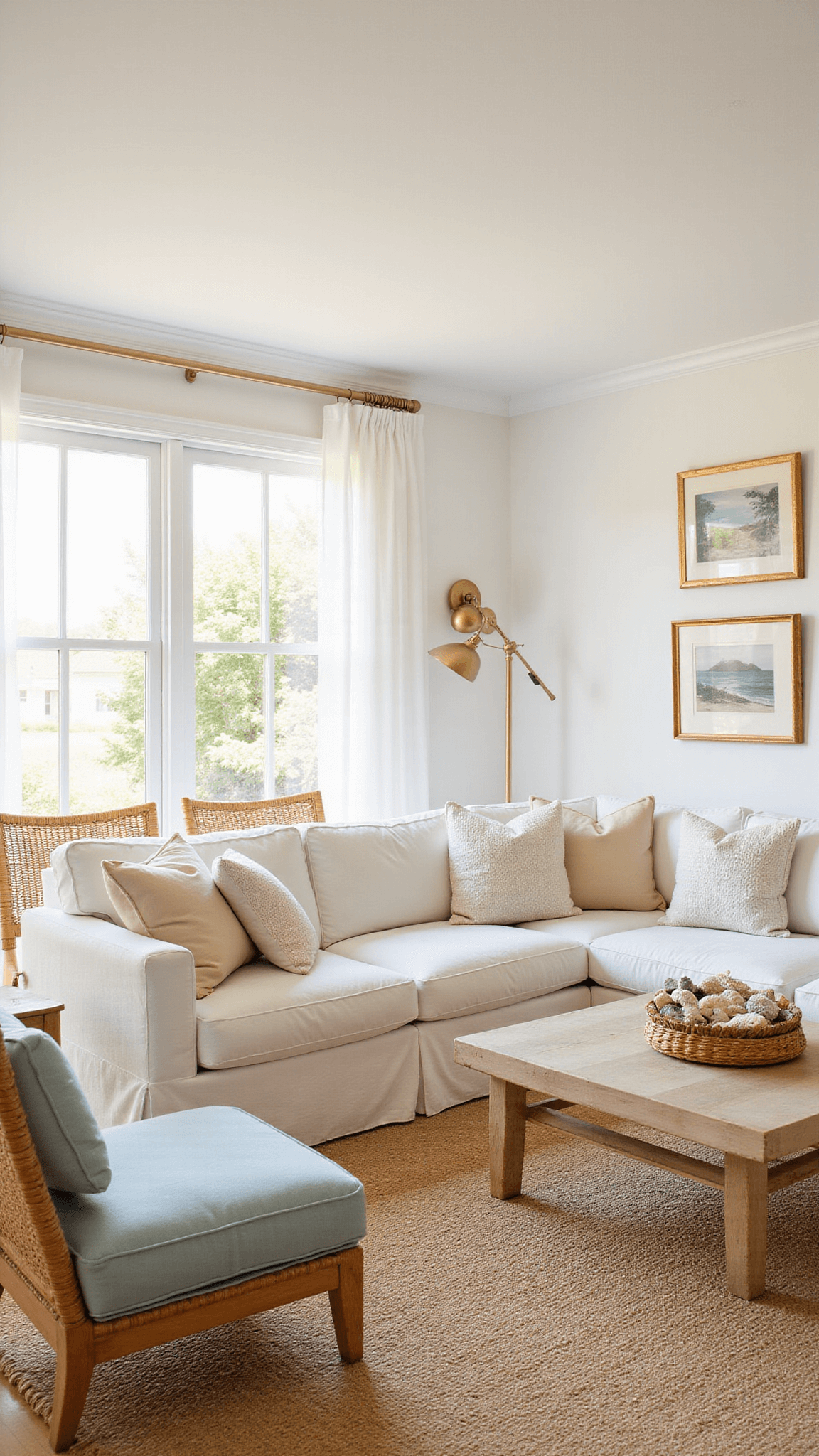 Sunlit coastal living room with white L-shaped sofa, rattan chairs, jute rug, and floor-to-ceiling windows at golden hour.