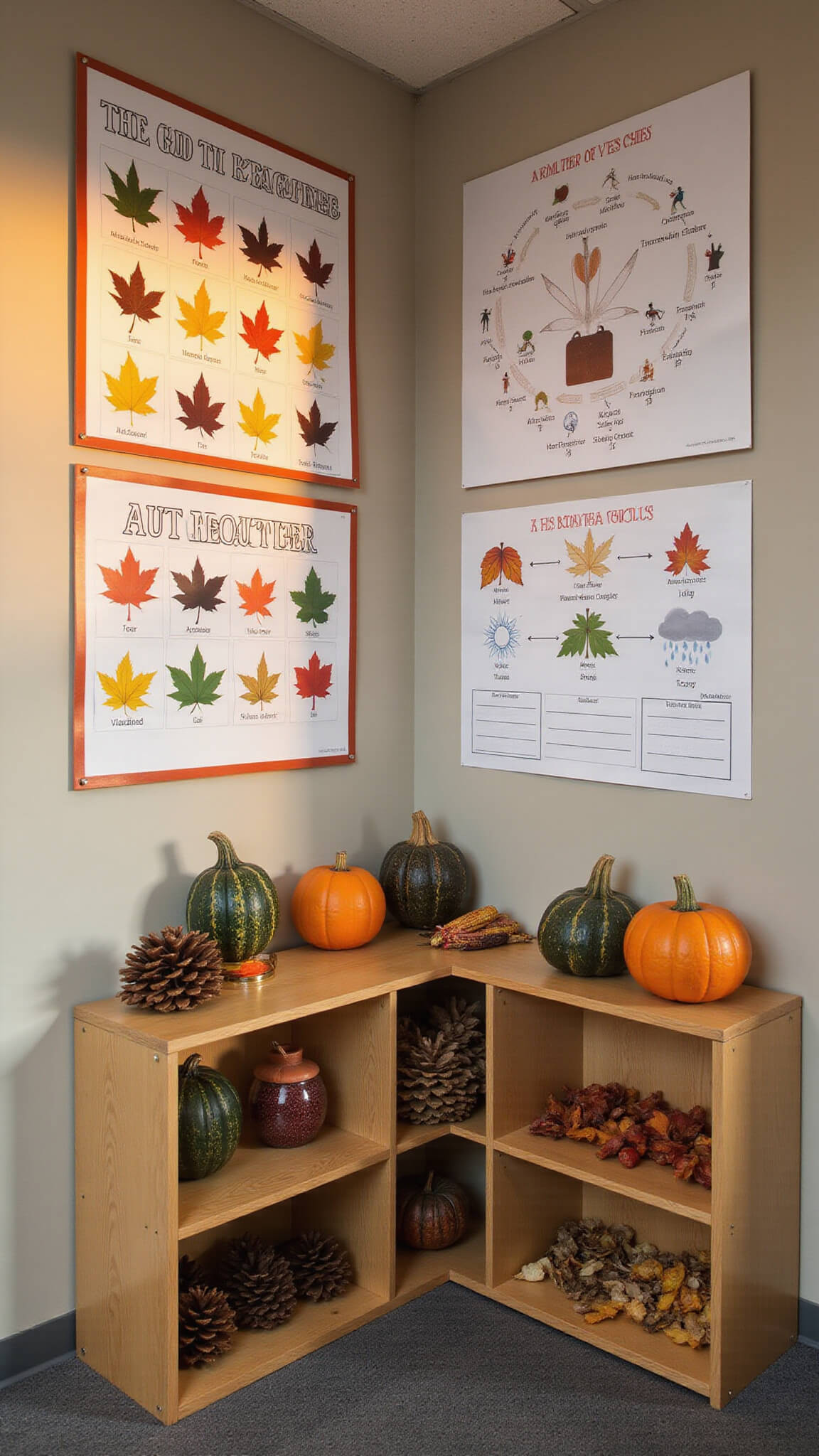Low-angle view of a modern 15'x25' learning space during golden hour, featuring autumn-themed educational charts and natural wood shelves with pinecones, gourds, and dried corn in a science corner.