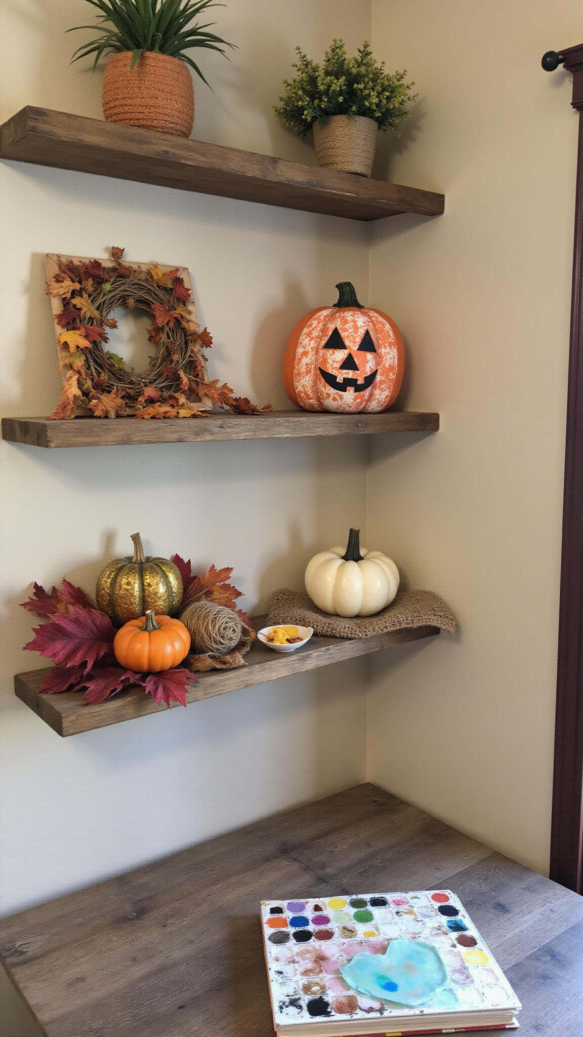Close-up of student-made autumn crafts with twine, burlap, and pressed leaves on wooden shelves in a small sunlit creative corner.