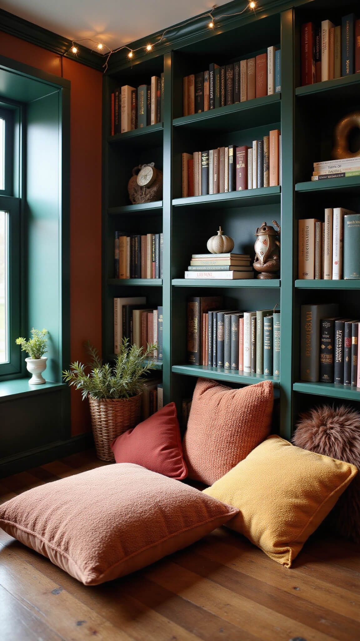 Cozy classroom library nook with forest green bookshelves, copper accents, and autumn-hued floor pillows under fairy lights in morning light.