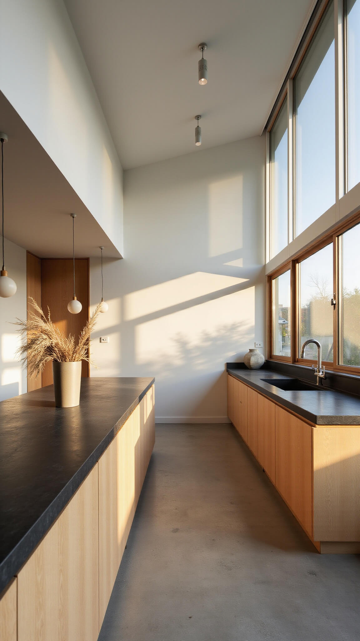 Japandi kitchen with oak cabinets, black stone island, and floor-to-ceiling windows at golden hour.