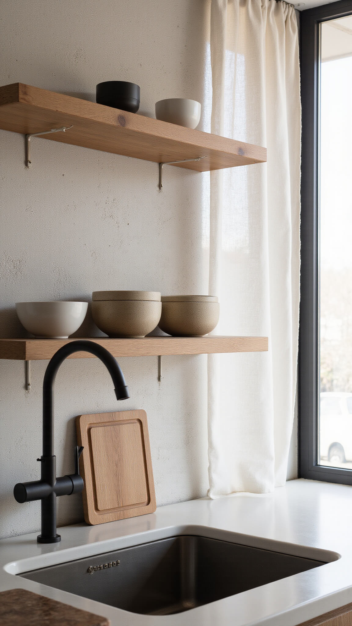 Japandi kitchen corner at dawn with ceramic bowls on oak shelves, matte black faucet on stone backsplash, and cutting board on quartz countertop in soft natural light.