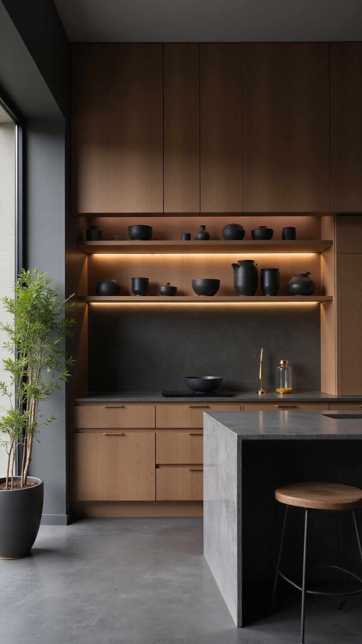Moody evening kitchen with oak-paneled appliance wall, LED-lit open shelves, stone countertops, brass accents, and potted bamboo shadows.