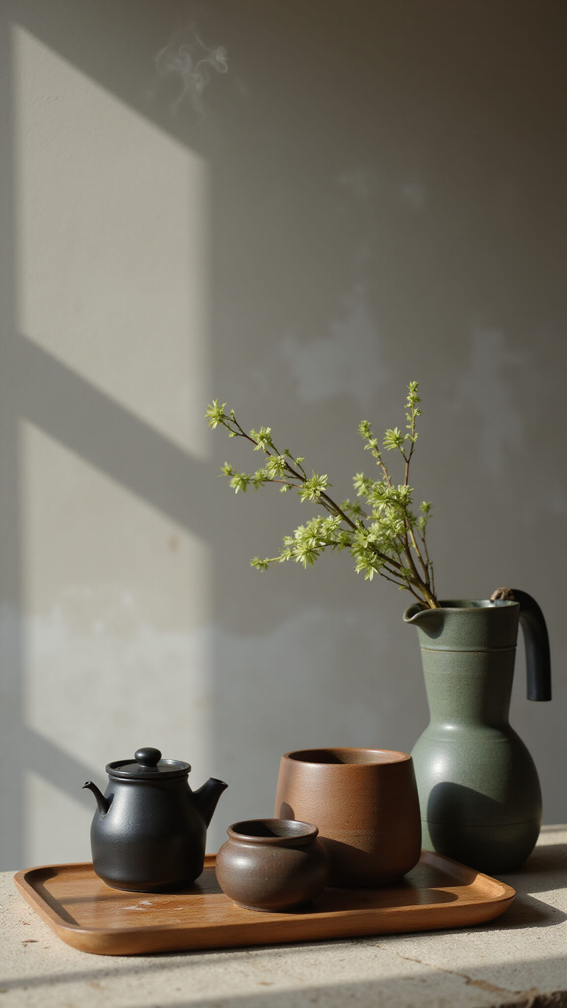 Close-up of handcrafted wooden tea tray with matcha tools and matte black kettle on stone counter in morning light.