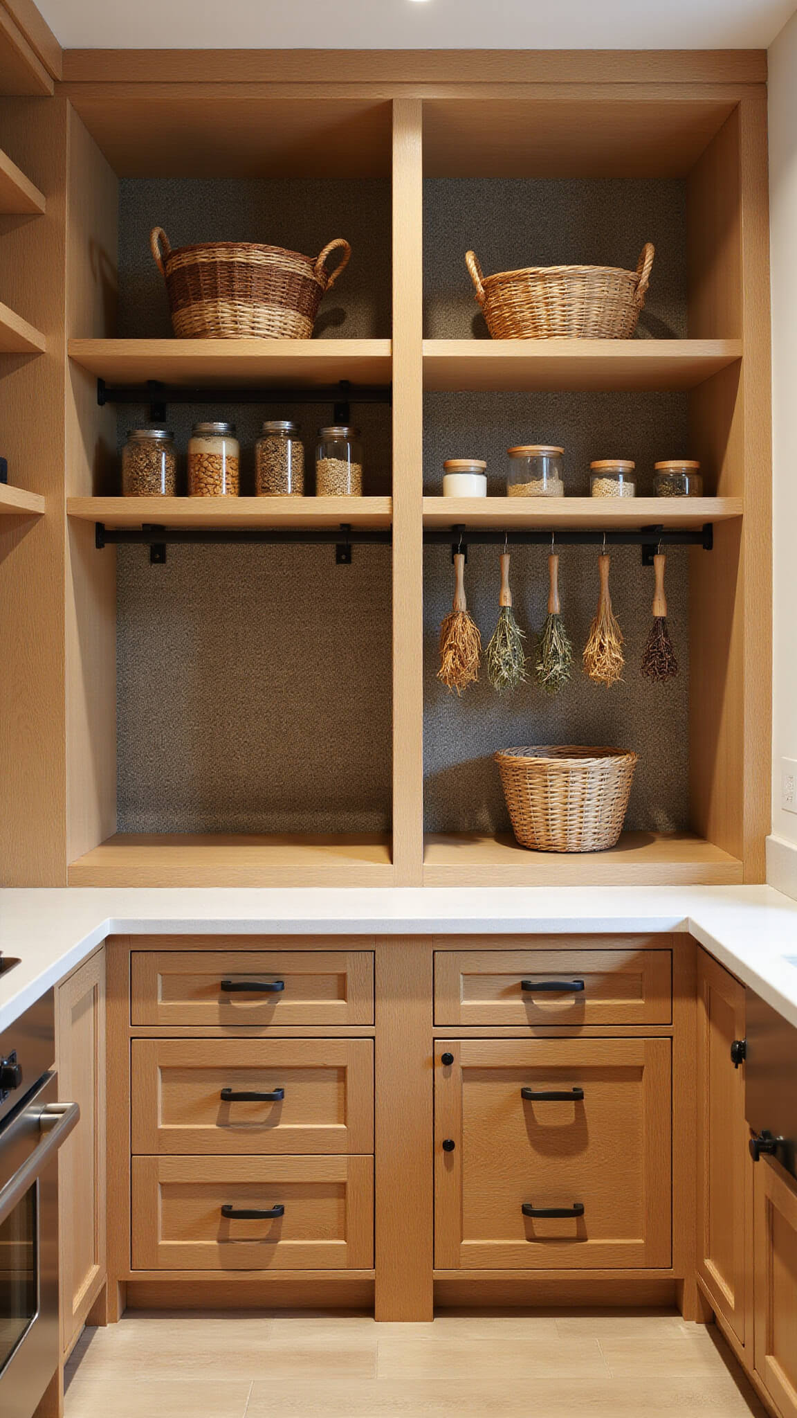 Straight-on view of a twilight-lit 10x12ft pantry featuring floor-to-ceiling honey oak storage with pull-out drawers, woven baskets on upper shelves, dried herbs on black rails, grasscloth wallpaper, and glass jars with wooden lids.
