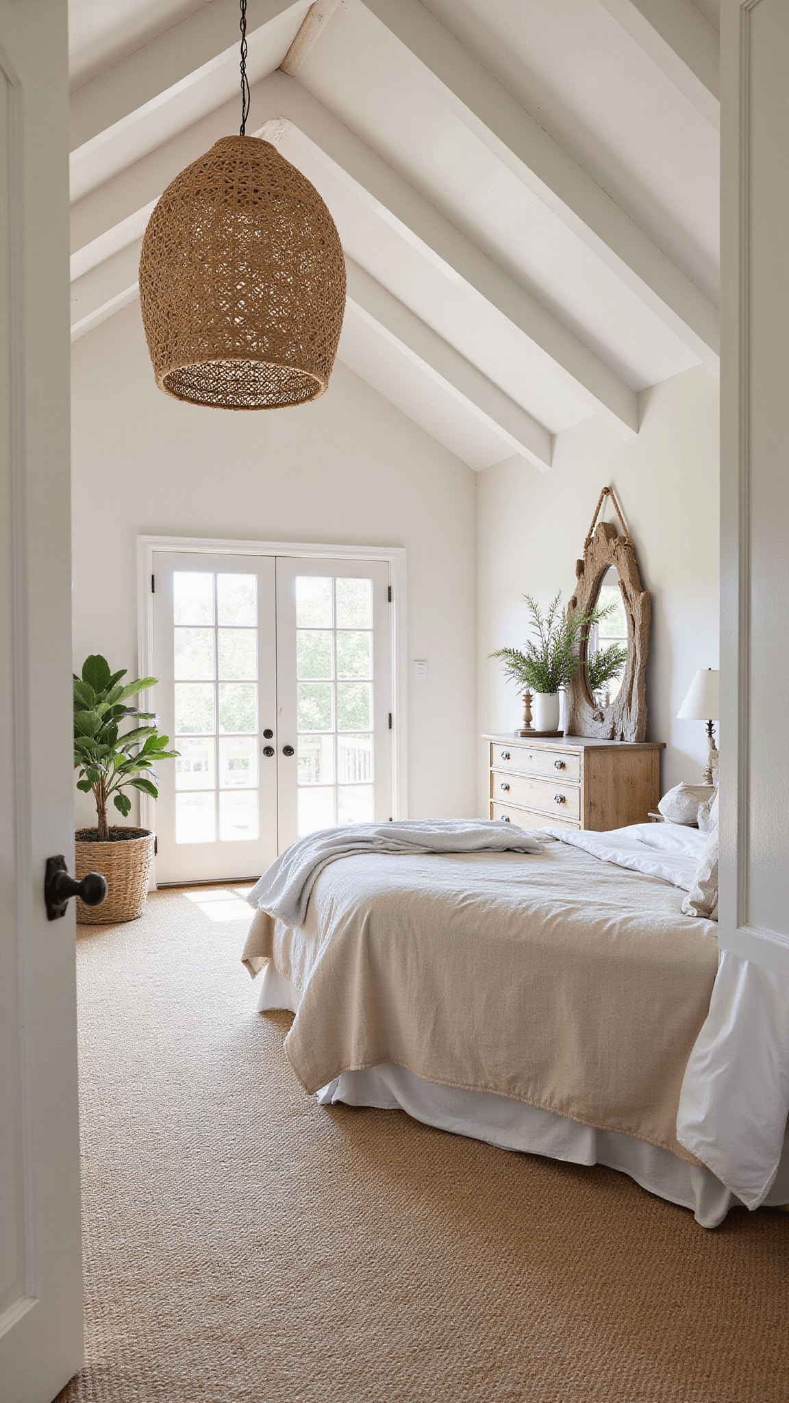 Master bedroom at dawn with vaulted ceiling, white beams, king bed in sandy beige linen, rattan pendant light, driftwood mirror above oak dresser, sisal carpet, and potted palm by French doors.